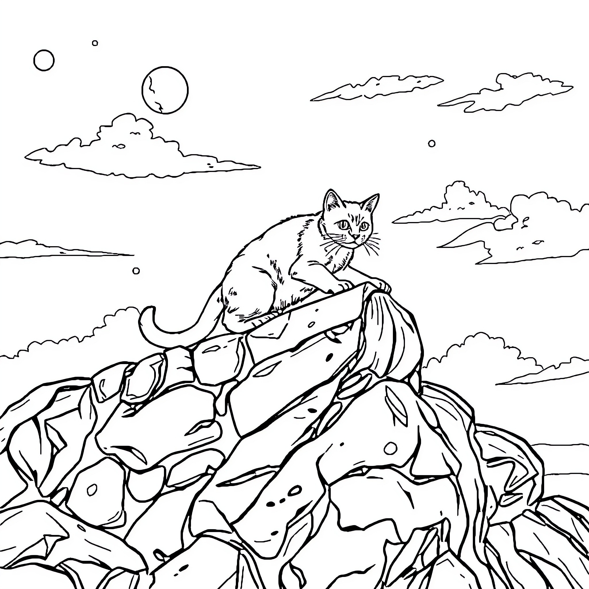 Cat exploring the rugged mountain landscape Coloring Page (free black-and-white line drawing printable PDF for all, from beginners to advanced learners, including children, teens, adults, and seniors)