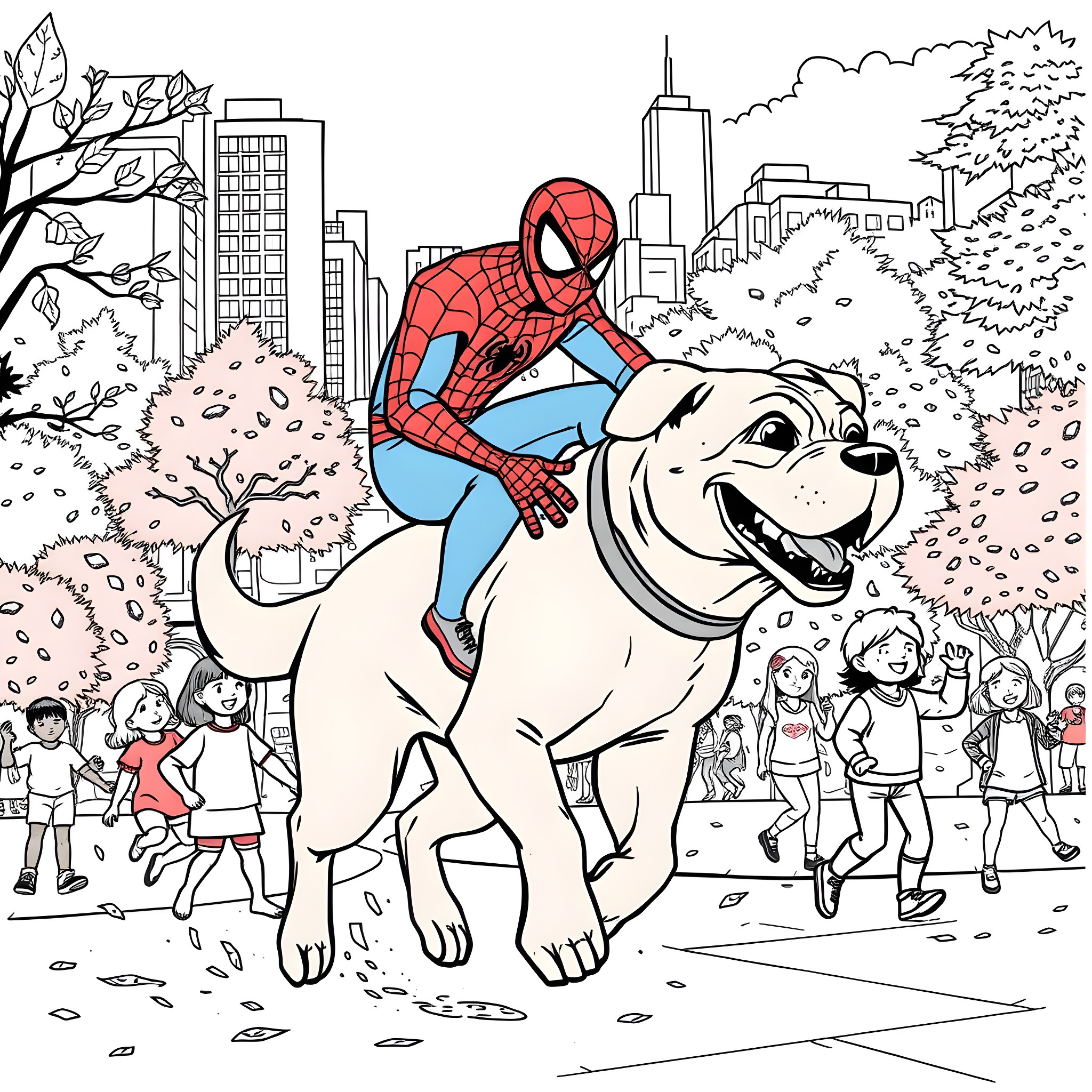 Spider-Man riding a friendly dog through the city Coloring Page (free black-and-white line drawing printable PDF for all, from beginners to advanced learners, including children, teens, adults, and seniors)