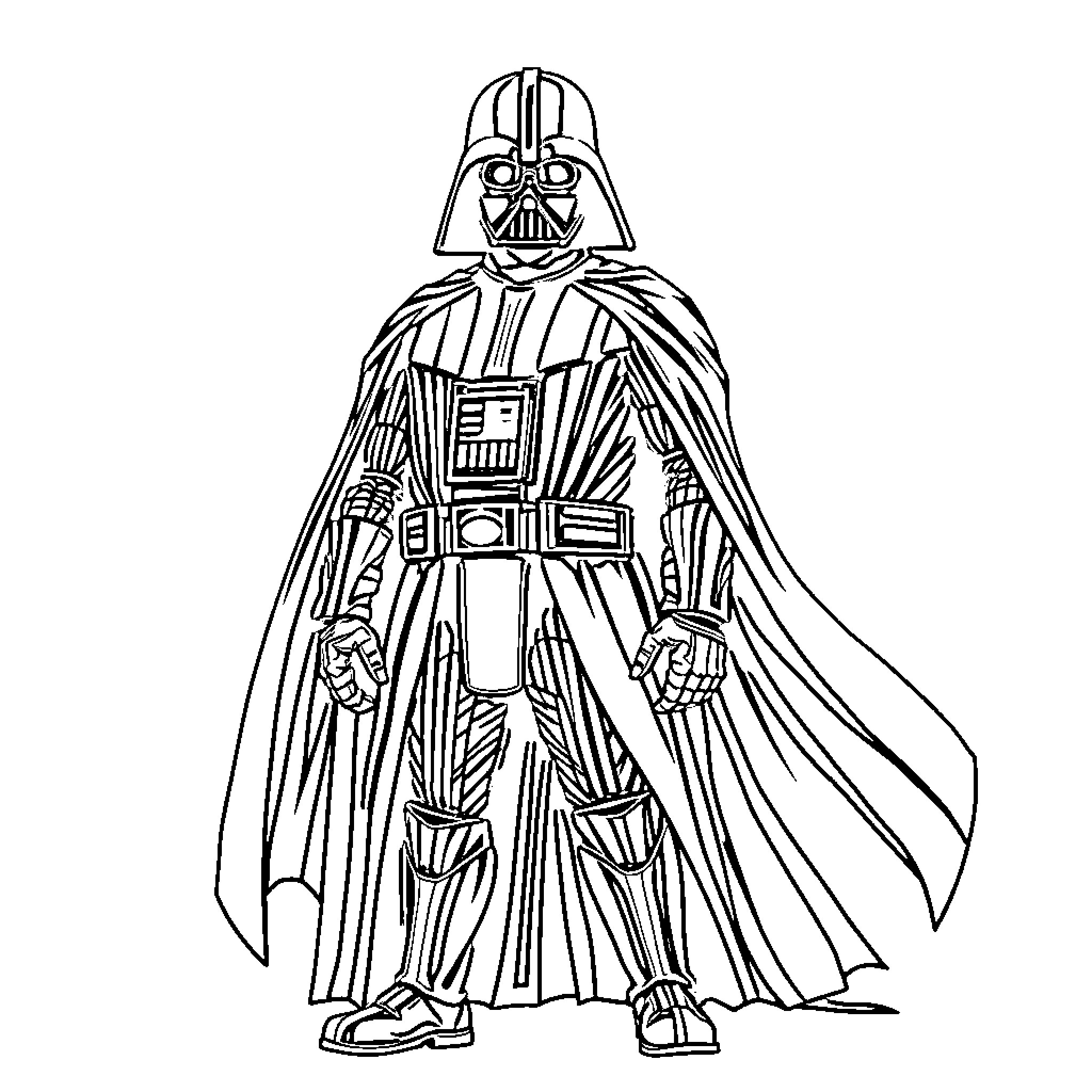 Darth Vader, the iconic villain in action Coloring Page (free black-and-white line drawing printable PDF for all, from beginners to advanced learners, including children, teens, adults, and seniors)