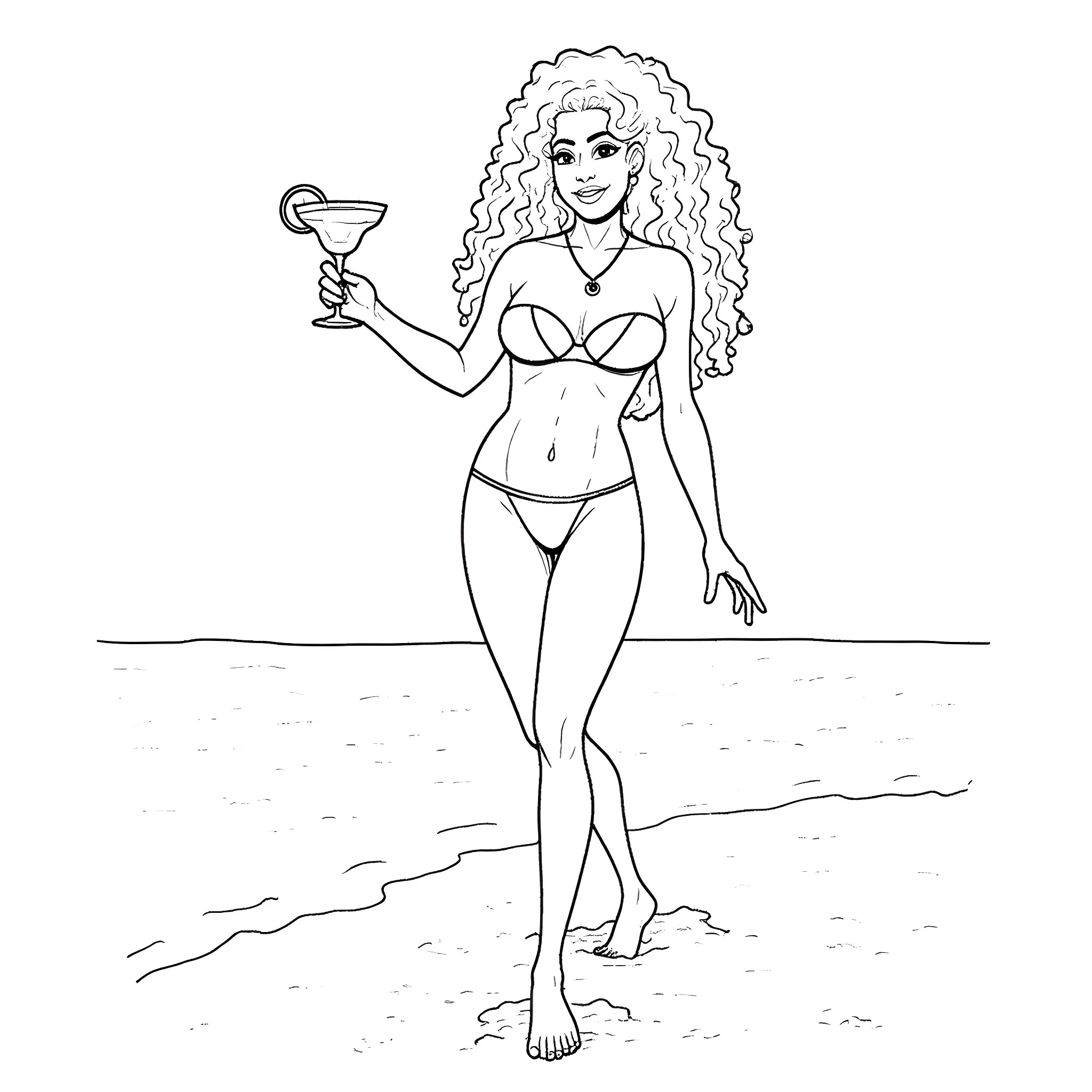 Pam Grier enjoying a tropical cocktail on the beach Coloring Page (free black-and-white line drawing printable PDF for all, from beginners to advanced learners, including children, teens, adults, and seniors)