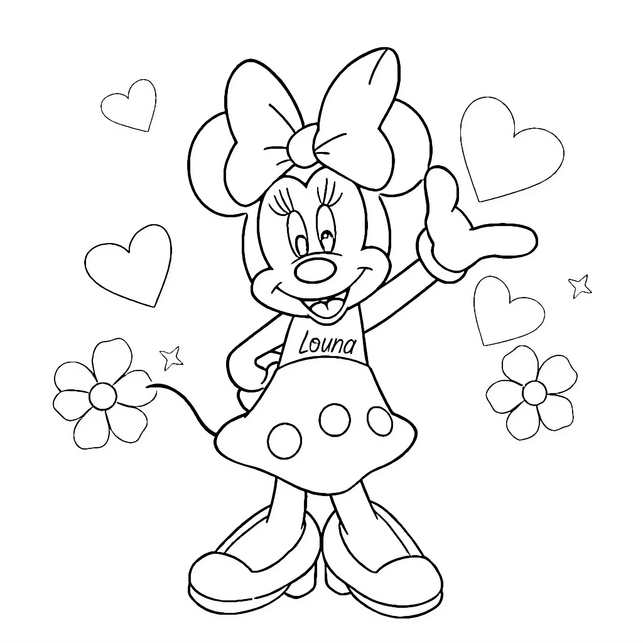 Minnie's Playful Expressions and Floral Accents Coloring Page (free black-and-white line drawing printable PDF for all, from beginners to advanced learners, including children, teens, adults, and seniors)