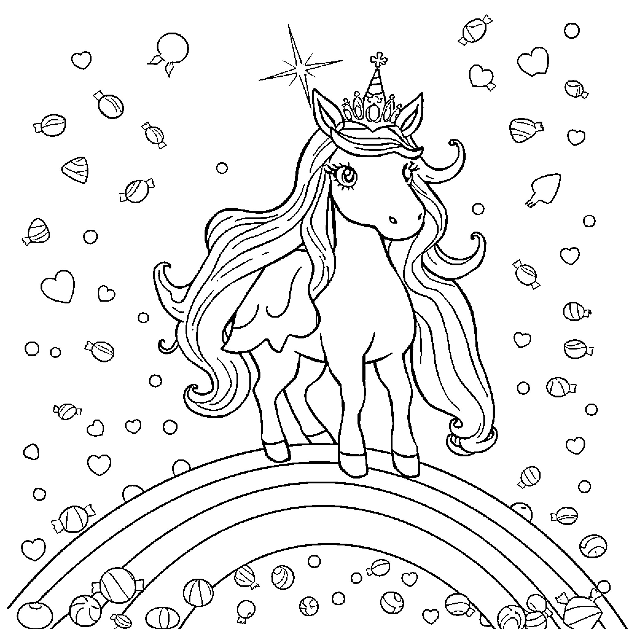Princess Unicorn Gazing at Magical Stars Coloring Page (free black-and-white line drawing printable PDF for all, from beginners to advanced learners, including children, teens, adults, and seniors)