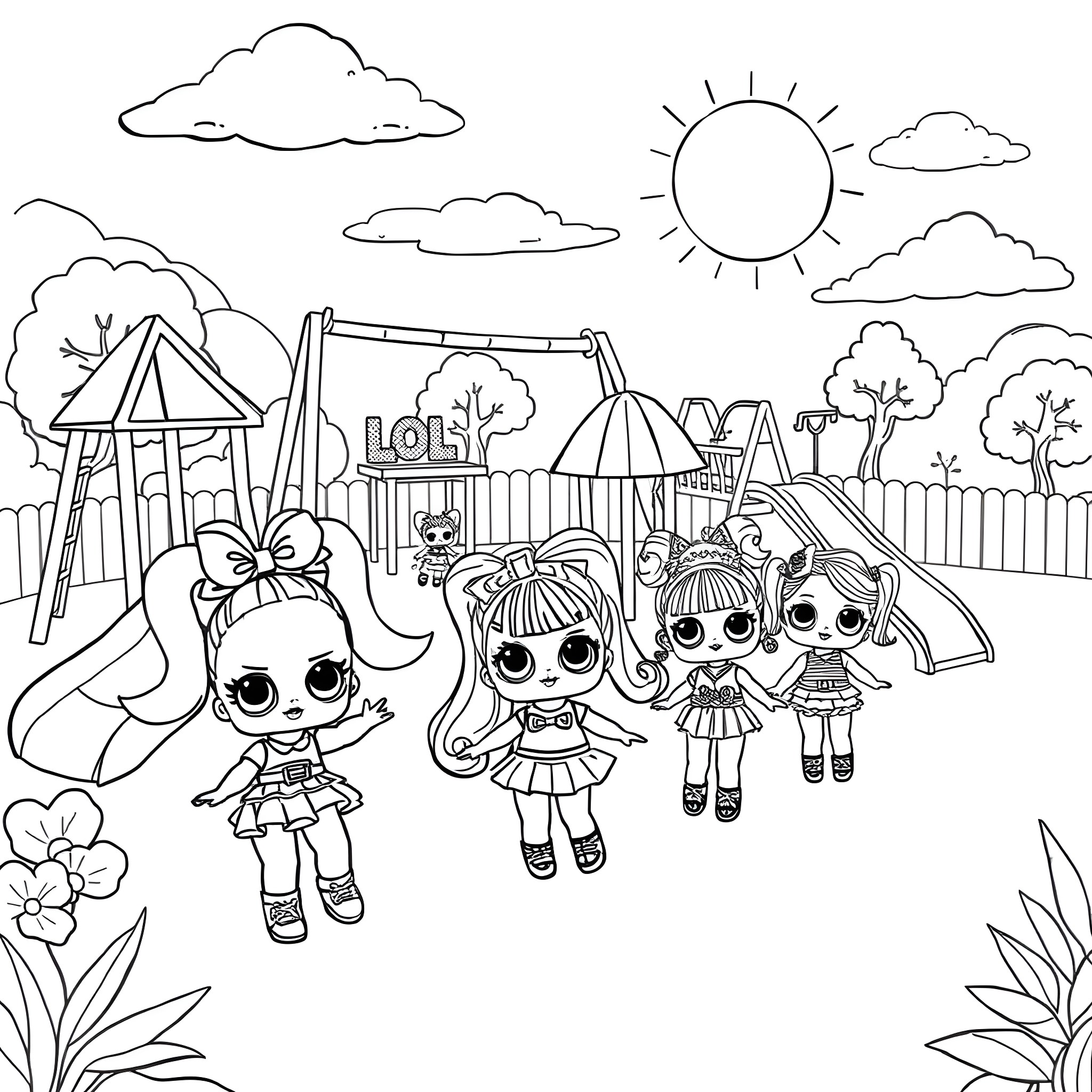 Lol Dolls playing happily in the park Coloring Page (free black-and-white line drawing printable PDF for all, from beginners to advanced learners, including children, teens, adults, and seniors)