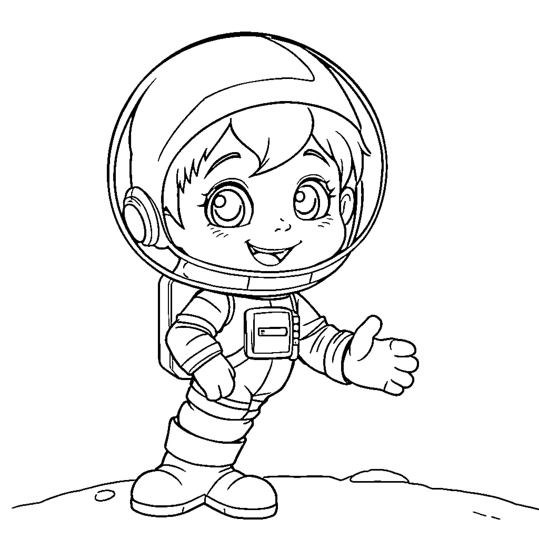 Space Explorer in Spacesuit with Thumbs Up Coloring Page (free black-and-white line drawing printable PDF for all, from beginners to advanced learners, including children, teens, adults, and seniors)