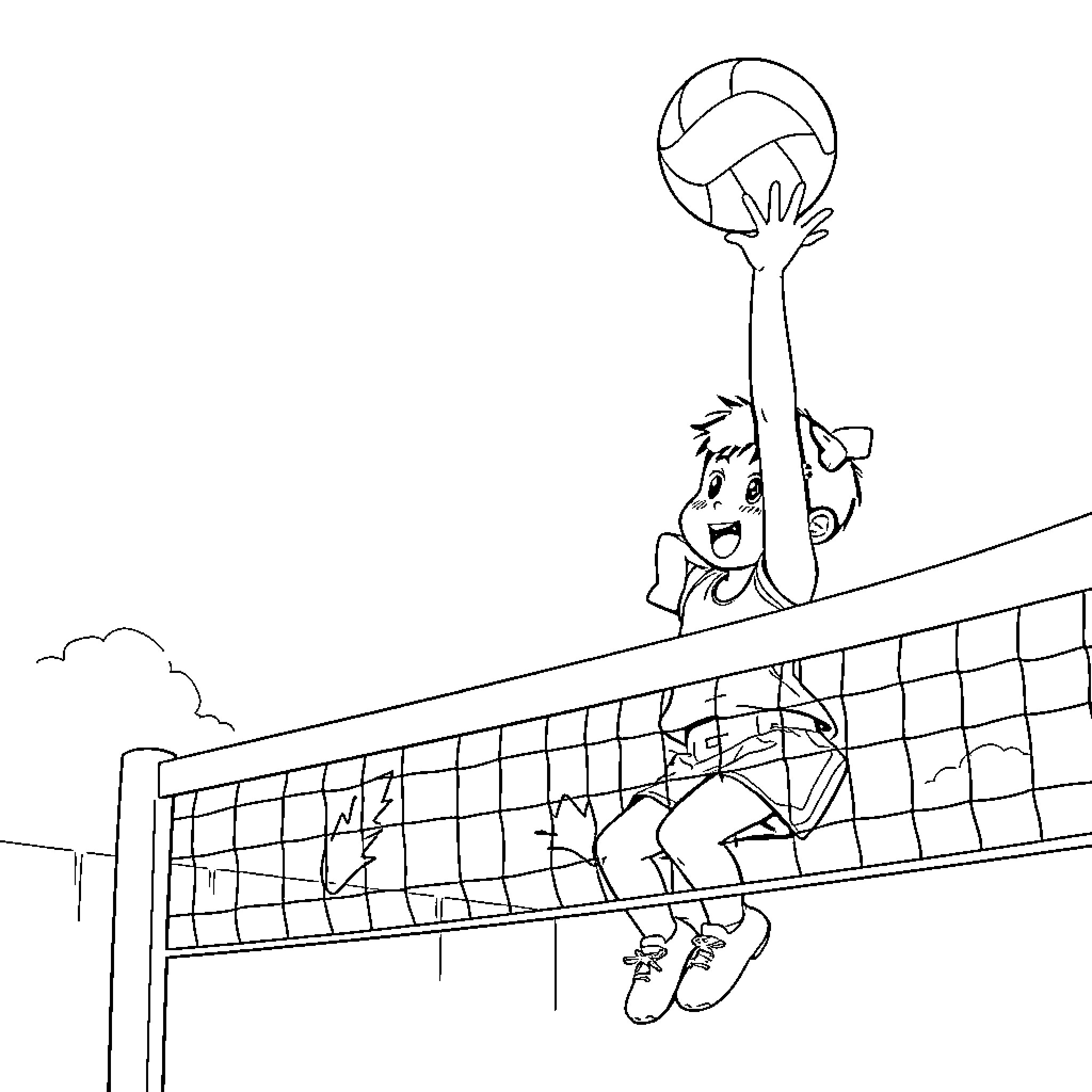 Komi playing volleyball with excitement Coloring Page (free black-and-white line drawing printable PDF for all, from beginners to advanced learners, including children, teens, adults, and seniors)