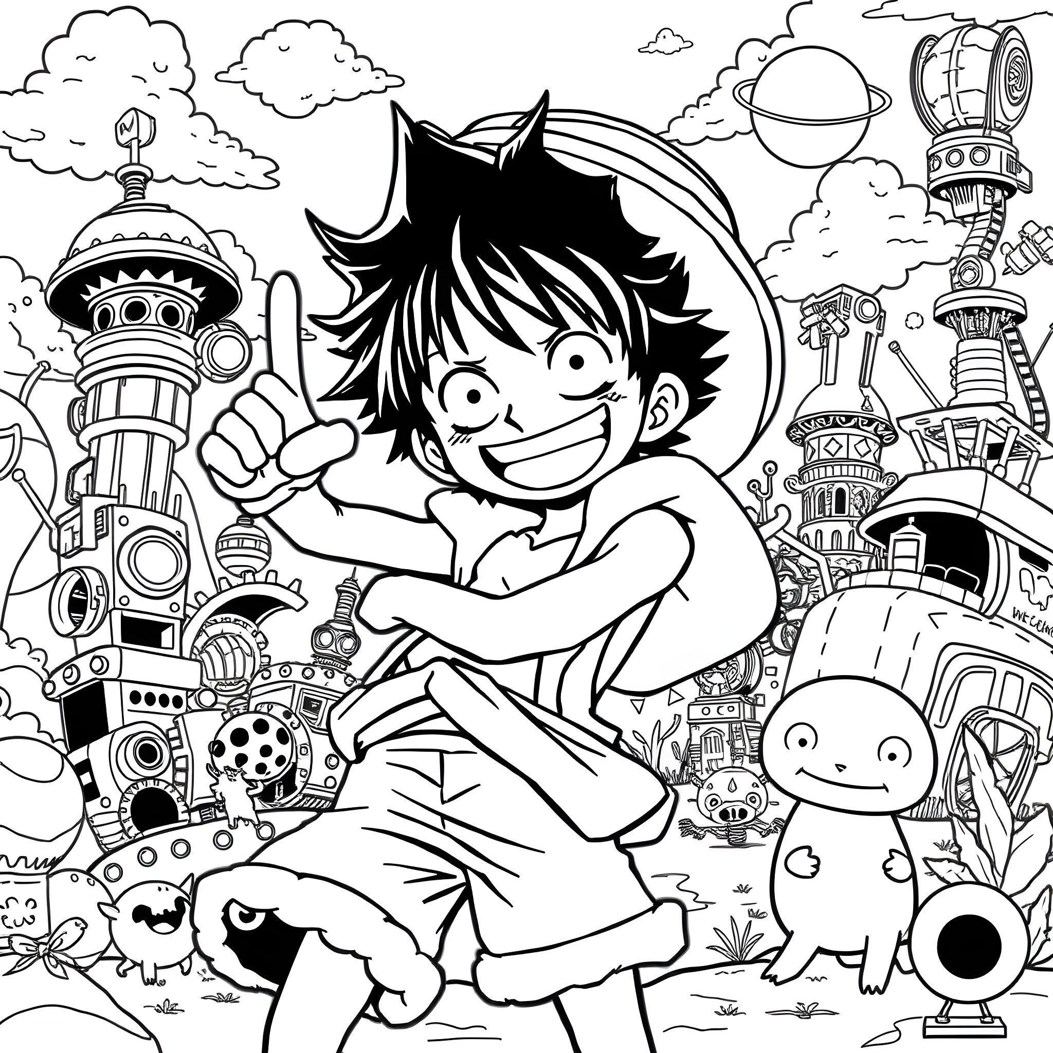 Luffy's Whimsical Adventure in a Fantastical World Coloring Page (free black-and-white line drawing printable PDF for all, from beginners to advanced learners, including children, teens, adults, and seniors)