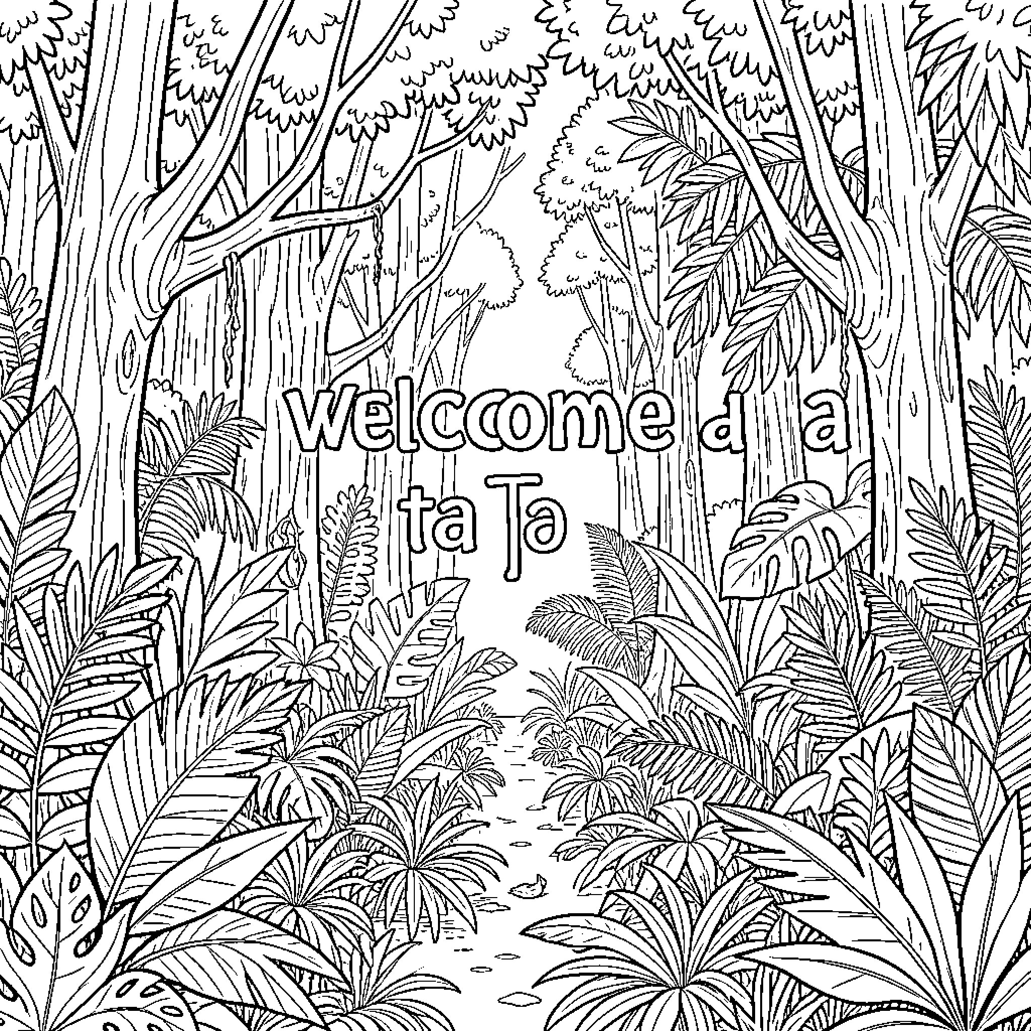 Jungle scenery with tropical leaves and a small path Coloring Page (free black-and-white line drawing printable PDF for all, from beginners to advanced learners, including children, teens, adults, and seniors)