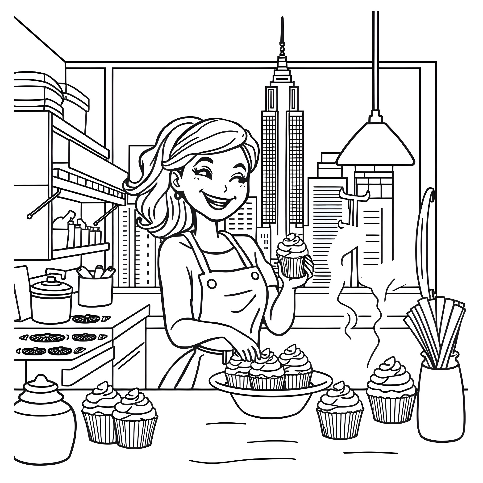 Girl baking delicious cupcakes in the city kitchen Coloring Page (free black-and-white line drawing printable PDF for all, from beginners to advanced learners, including children, teens, adults, and seniors)