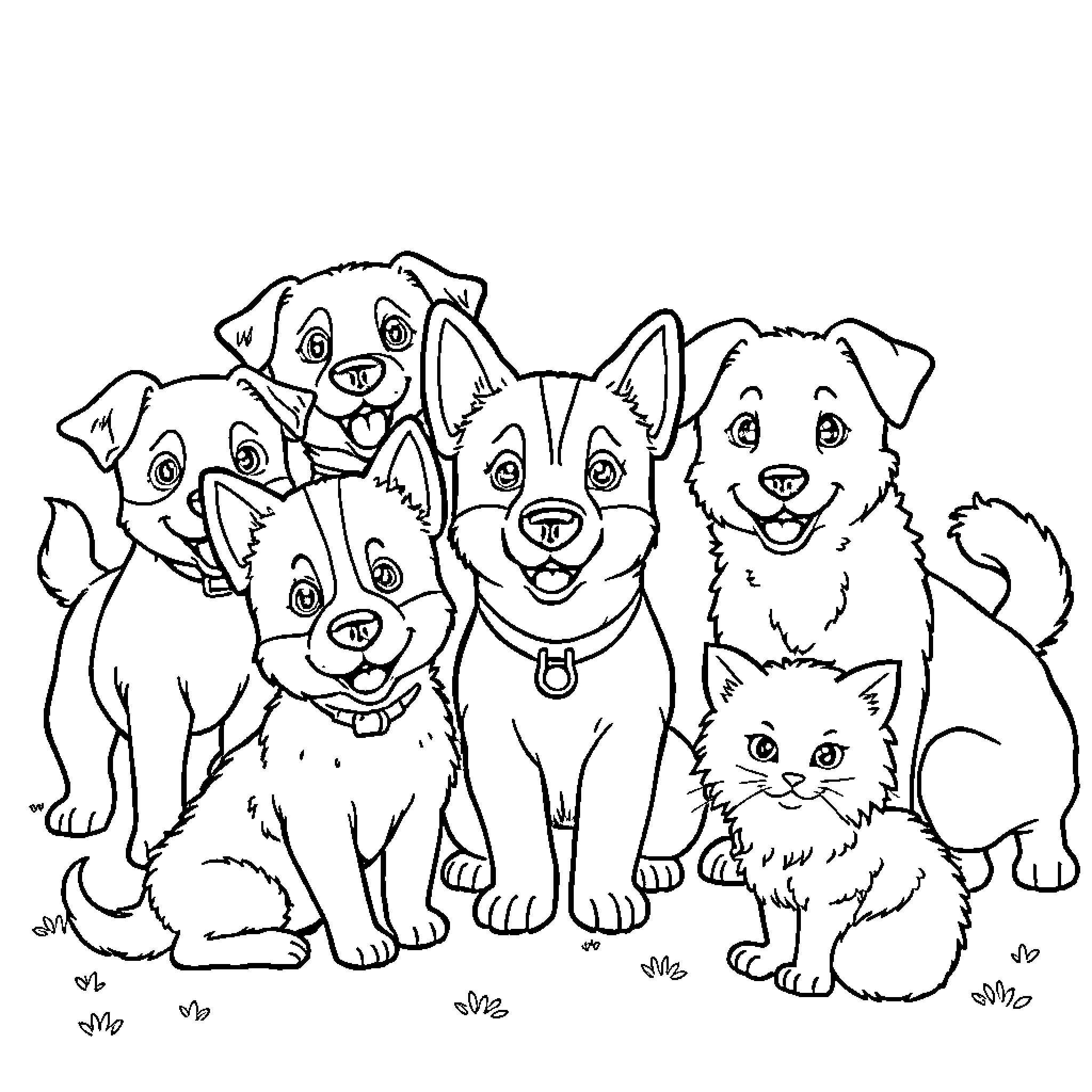 Dog friends and their cat companion Coloring Page (free black-and-white line drawing printable PDF for all, from beginners to advanced learners, including children, teens, adults, and seniors)
