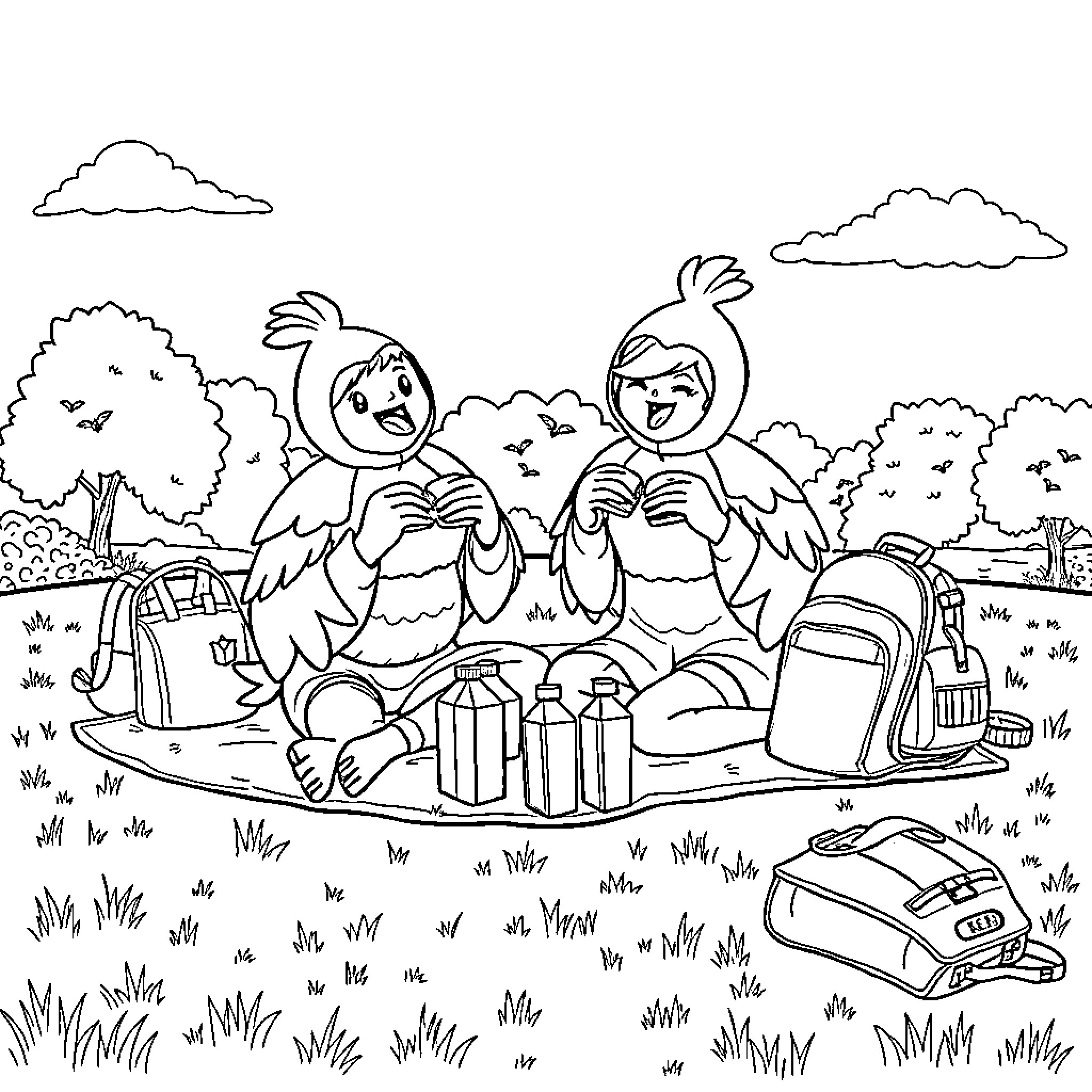 Couple in playful picnic at the park Coloring Page (free black-and-white line drawing printable PDF for all, from beginners to advanced learners, including children, teens, adults, and seniors)