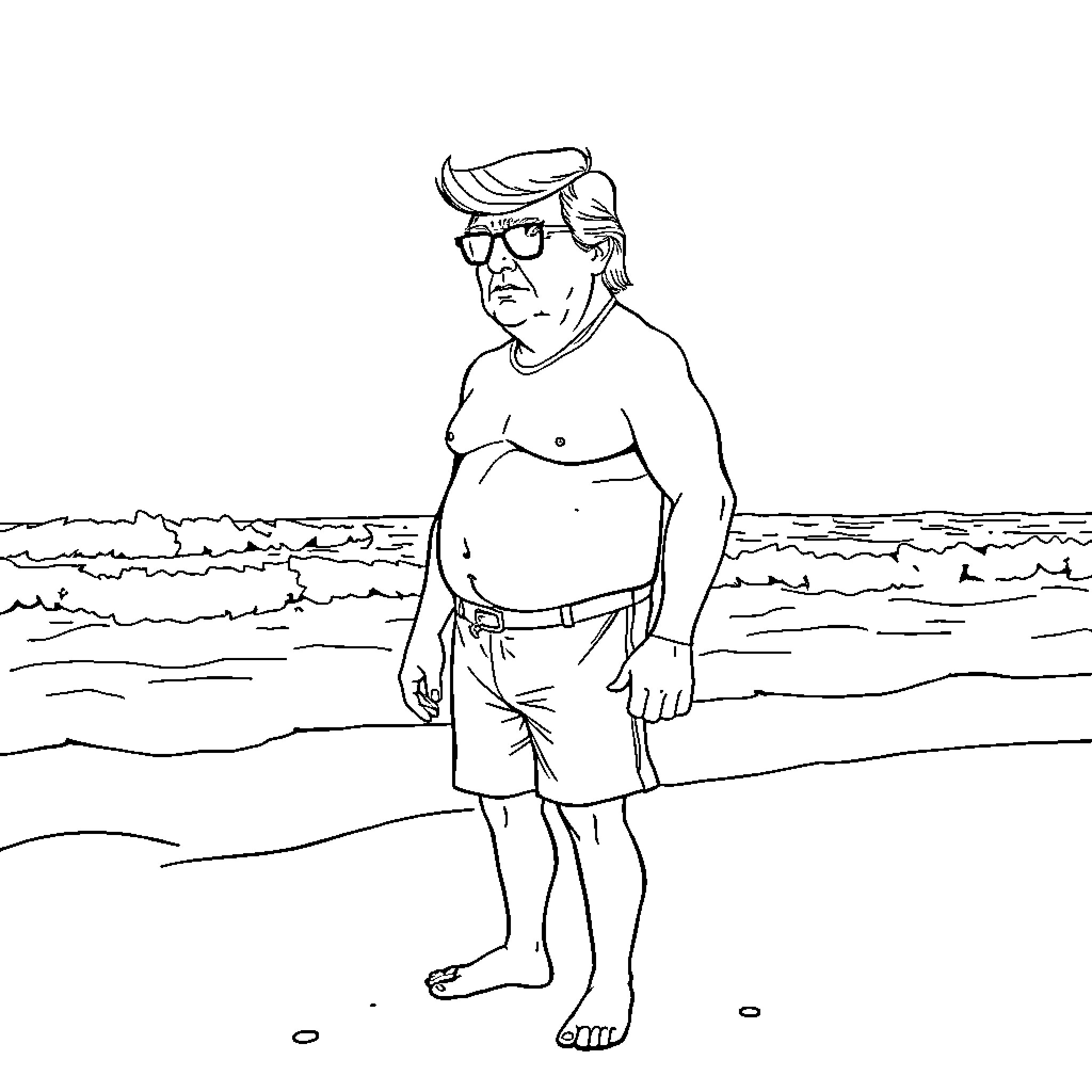 Donald Trump relaxing on the beach Coloring Page (free black-and-white line drawing printable PDF for all, from beginners to advanced learners, including children, teens, adults, and seniors)
