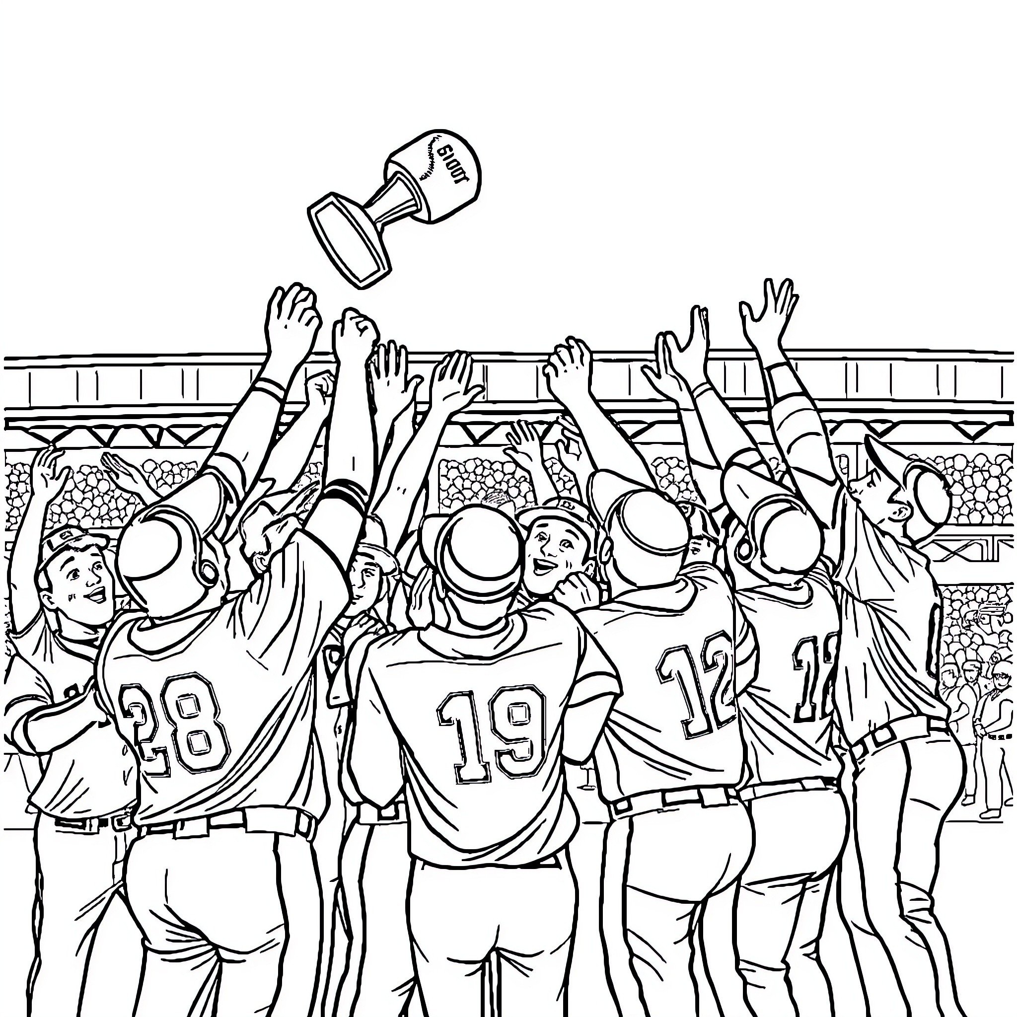 Giants celebrate victory on the field Coloring Page (free black-and-white line drawing printable PDF for all, from beginners to advanced learners, including children, teens, adults, and seniors)