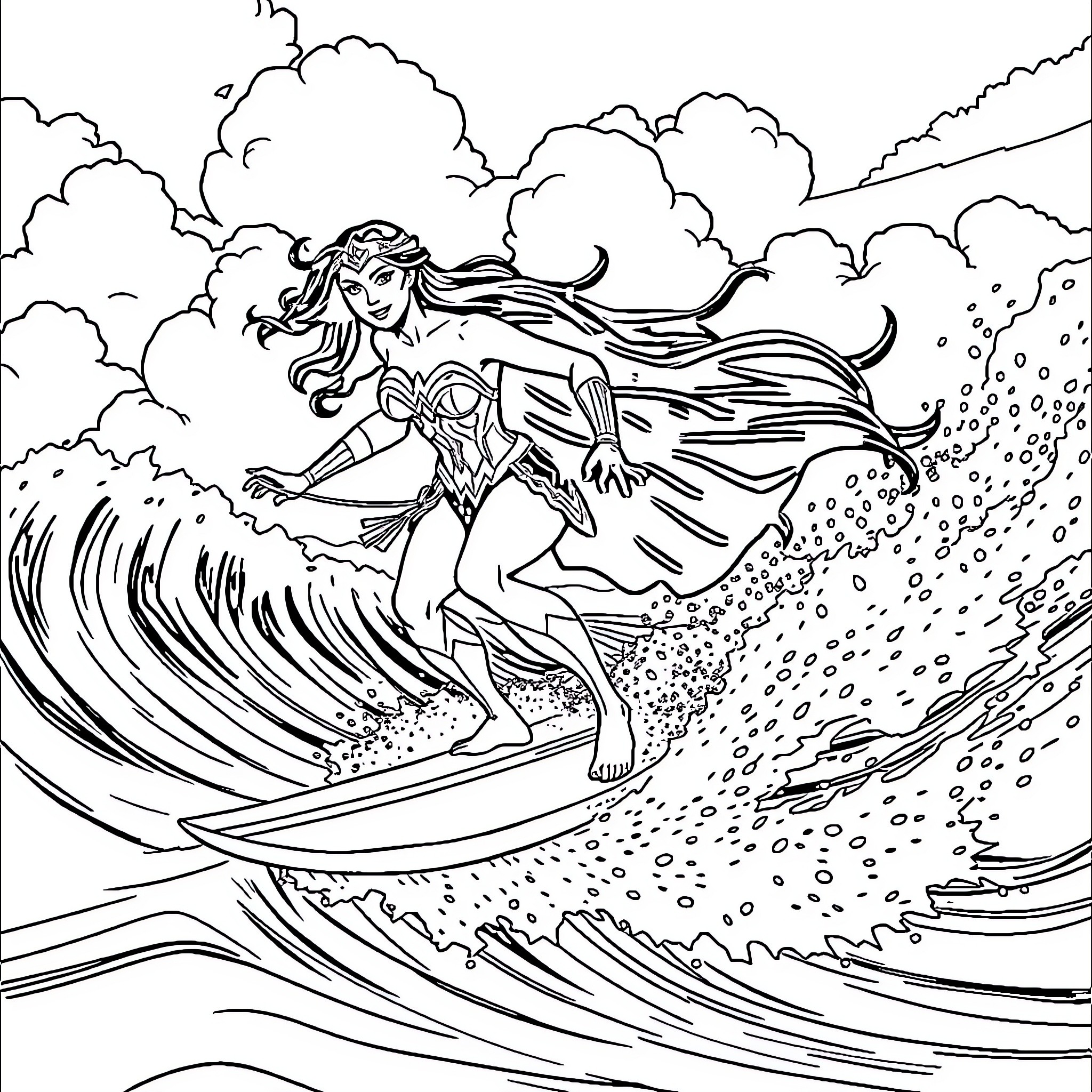 Wonder Woman surfing through powerful waves Coloring Page (free black-and-white line drawing printable PDF for all, from beginners to advanced learners, including children, teens, adults, and seniors)