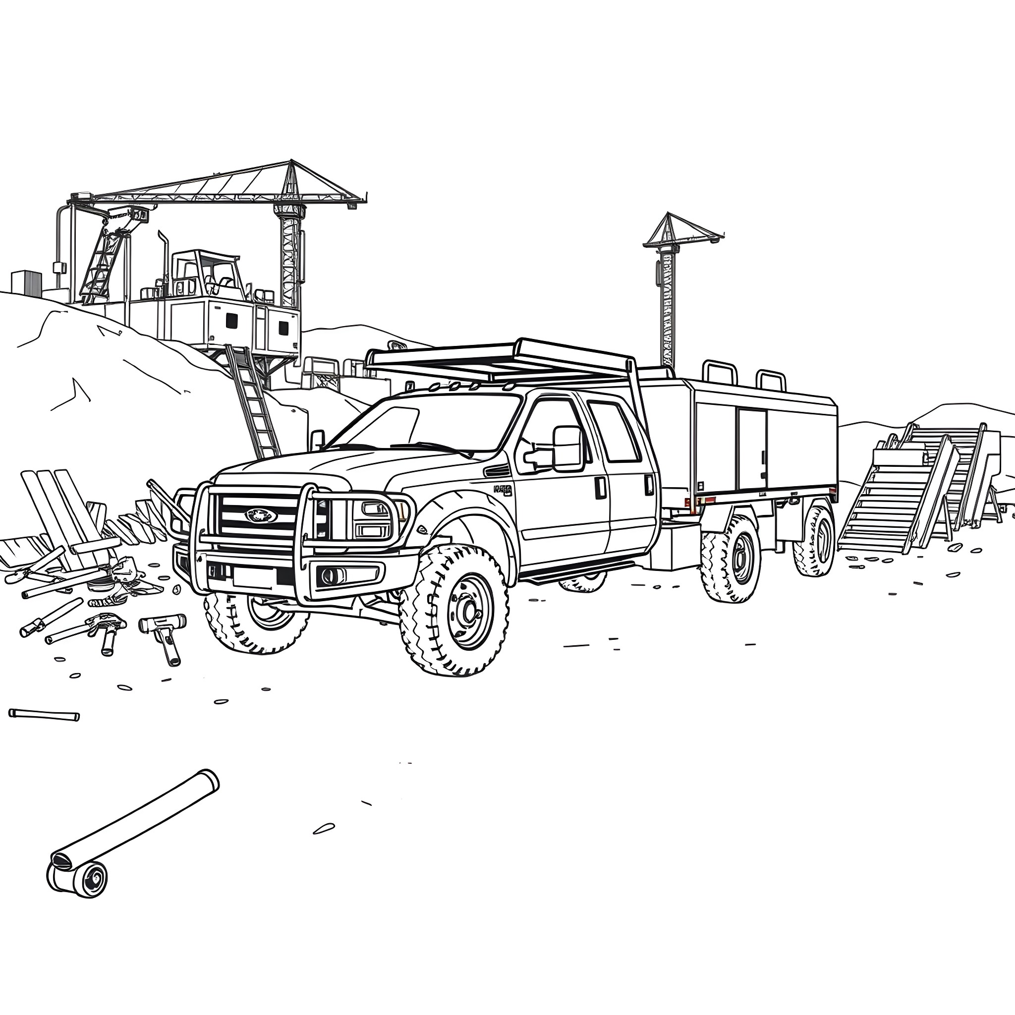 Utility Truck transporting equipment on construction site Coloring Page (free black-and-white line drawing printable PDF for all, from beginners to advanced learners, including children, teens, adults, and seniors)