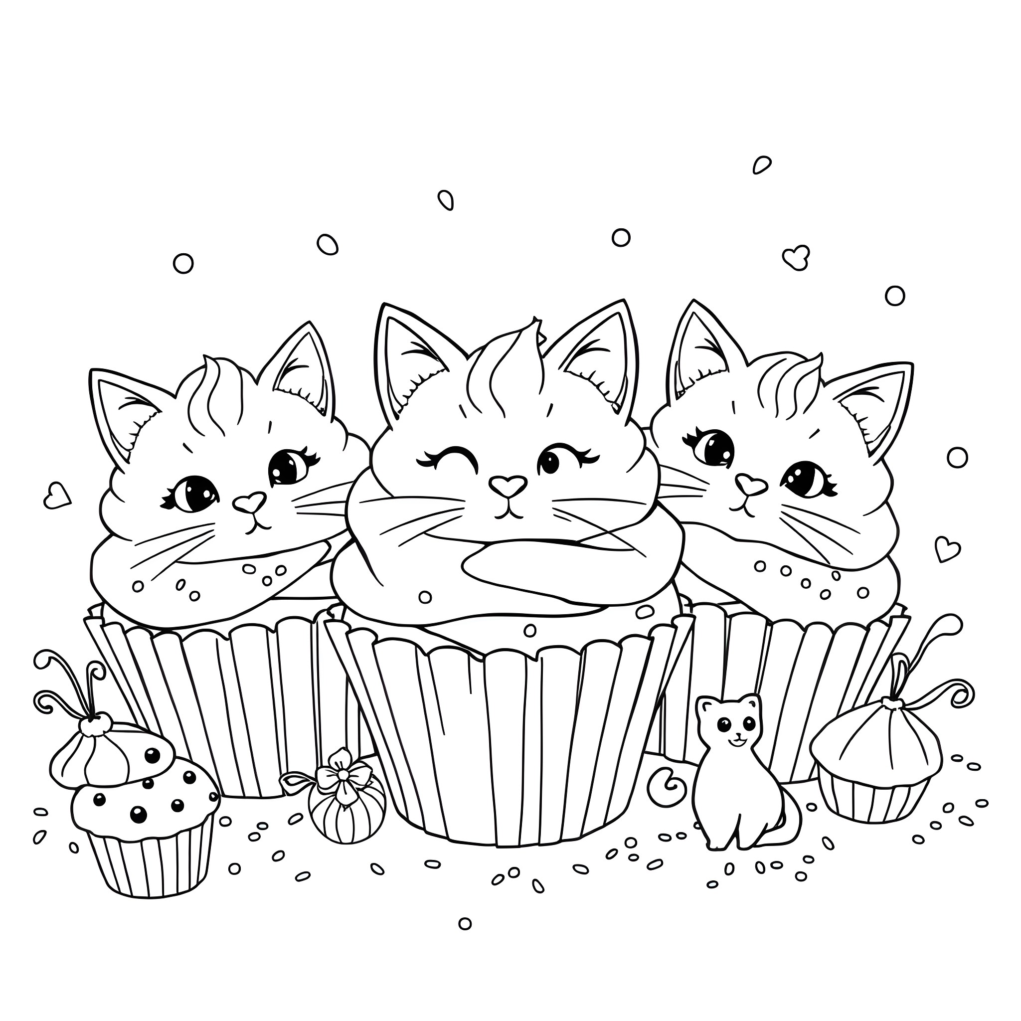 Cat Cupcake with Cute Kitties Coloring Page (free black-and-white line drawing printable PDF for all, from beginners to advanced learners, including children, teens, adults, and seniors)
