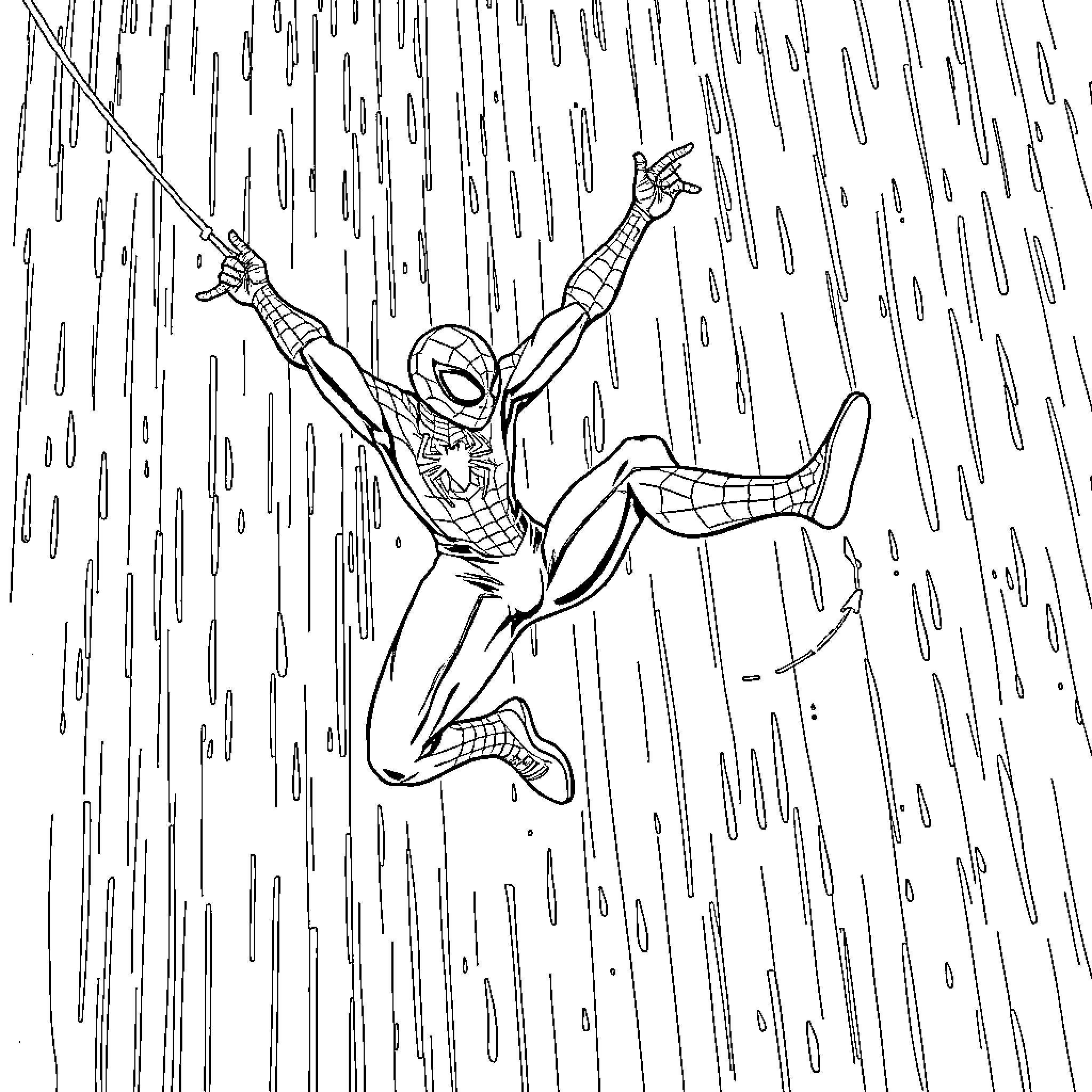 Spiderman swinging through the rain with energy Coloring Page (free black-and-white line drawing printable PDF for all, from beginners to advanced learners, including children, teens, adults, and seniors)