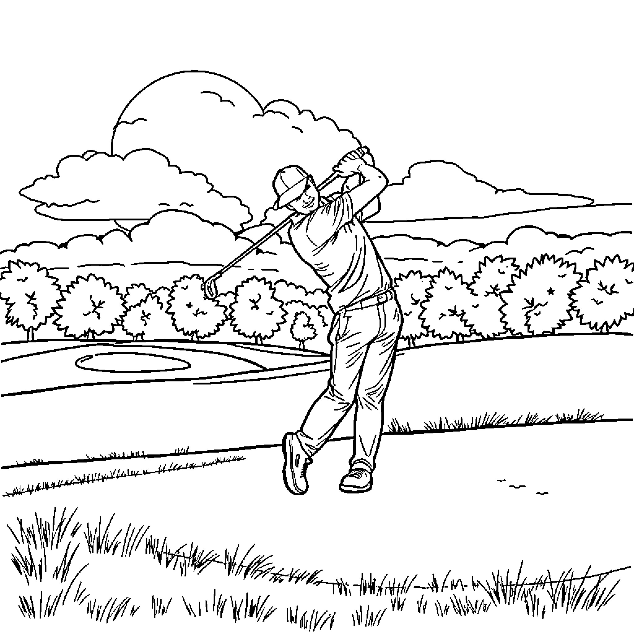 Golfer swinging on the course Coloring Page (free black-and-white line drawing printable PDF for all, from beginners to advanced learners, including children, teens, adults, and seniors)