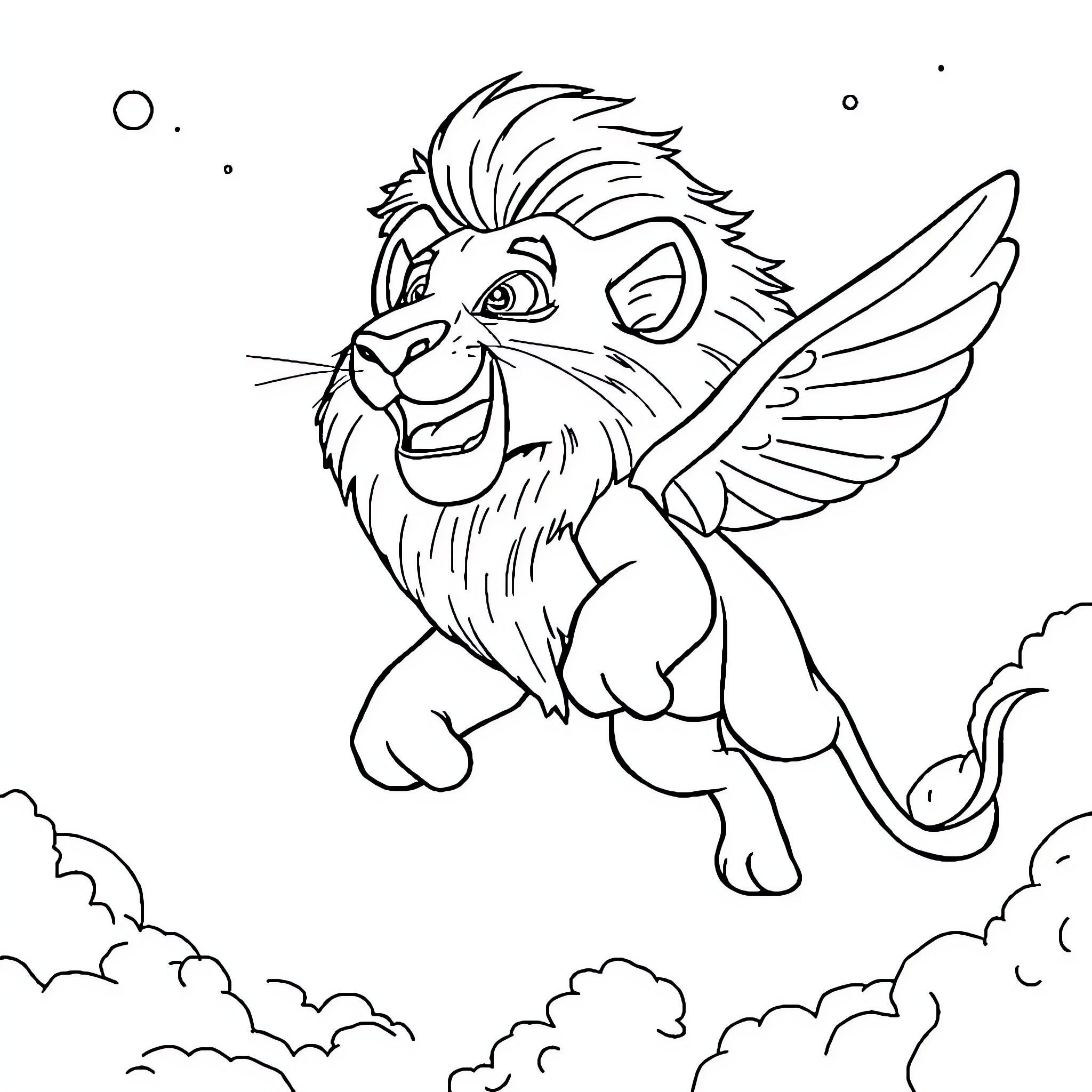 Simba soaring through the clouds with joy Coloring Page (free black-and-white line drawing printable PDF for all, from beginners to advanced learners, including children, teens, adults, and seniors)