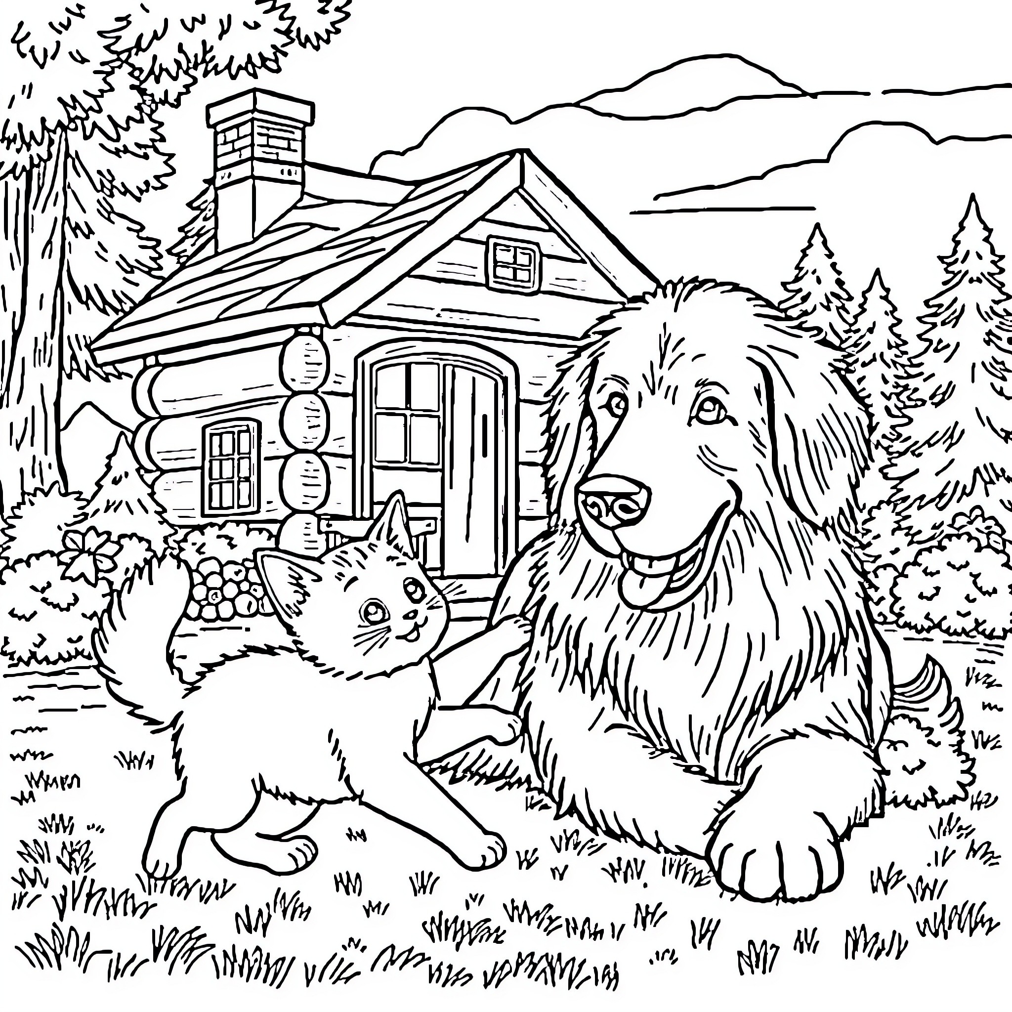 Cat and dog at log cabin in woods Coloring Page (free black-and-white line drawing printable PDF for all, from beginners to advanced learners, including children, teens, adults, and seniors)