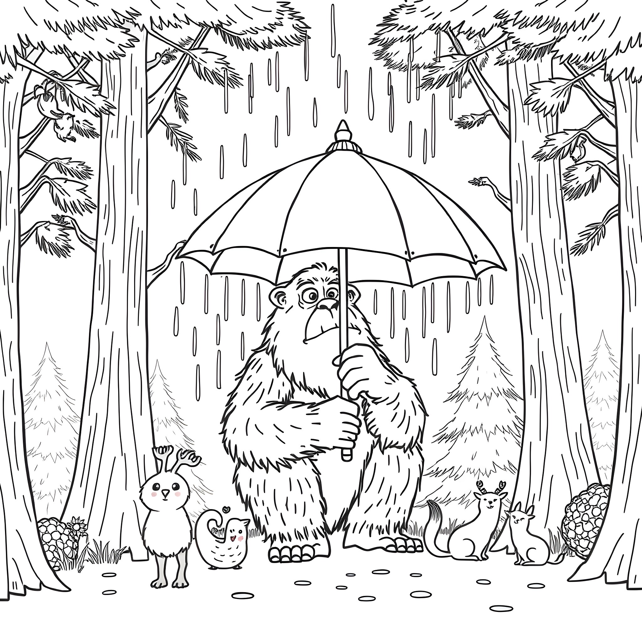 Sasquatch sheltering animals from the rain in the forest Coloring Page (free black-and-white line drawing printable PDF for all, from beginners to advanced learners, including children, teens, adults, and seniors)