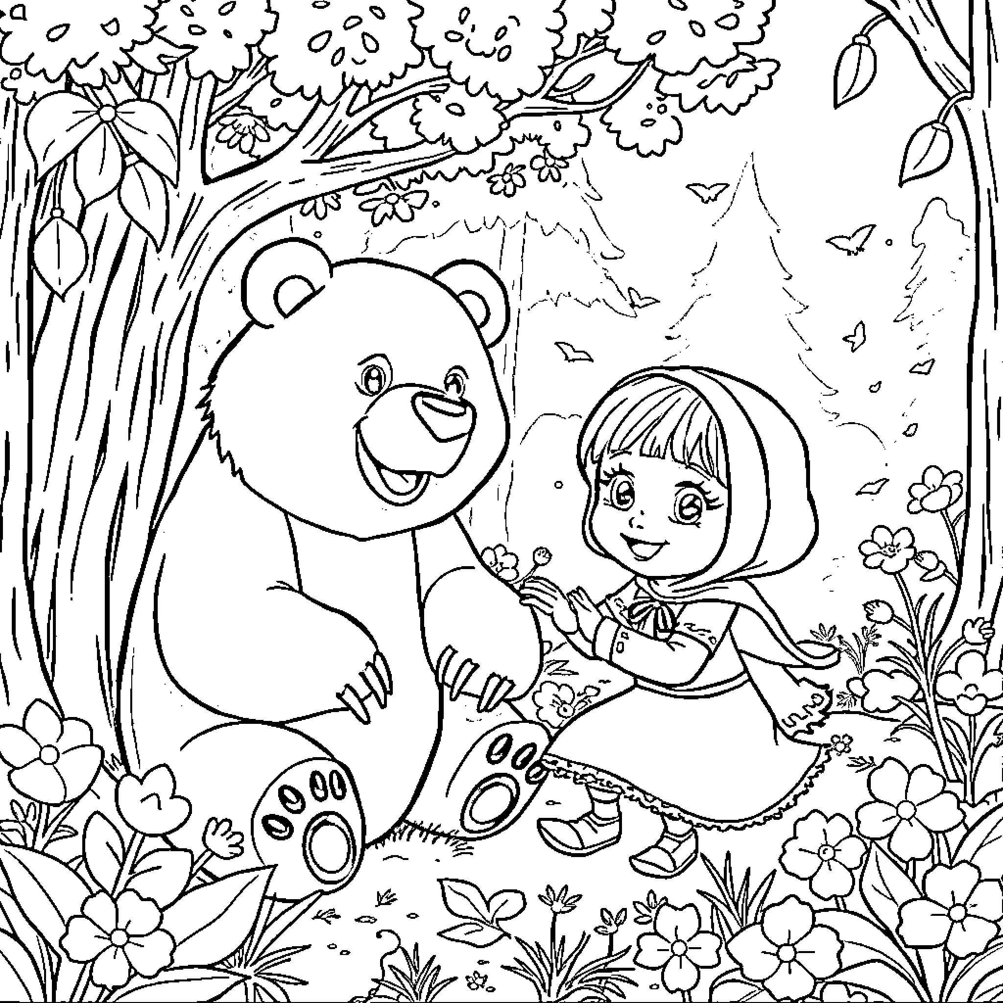 Masha playing with a friendly bear in the forest Coloring Page (free black-and-white line drawing printable PDF for all, from beginners to advanced learners, including children, teens, adults, and seniors)
