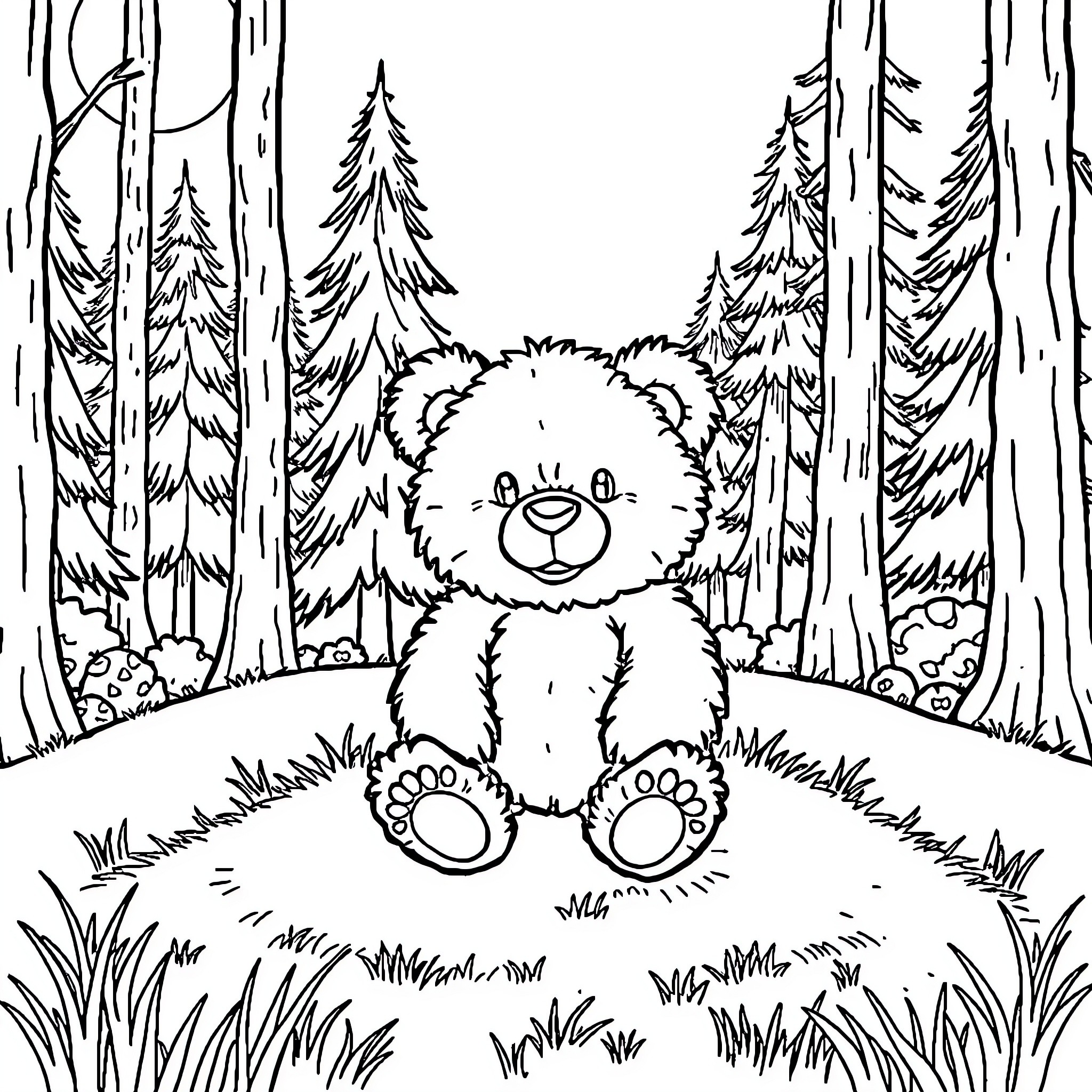 Teddy Bear in a Serene Forest Coloring Page (free black-and-white line drawing printable PDF for all, from beginners to advanced learners, including children, teens, adults, and seniors)