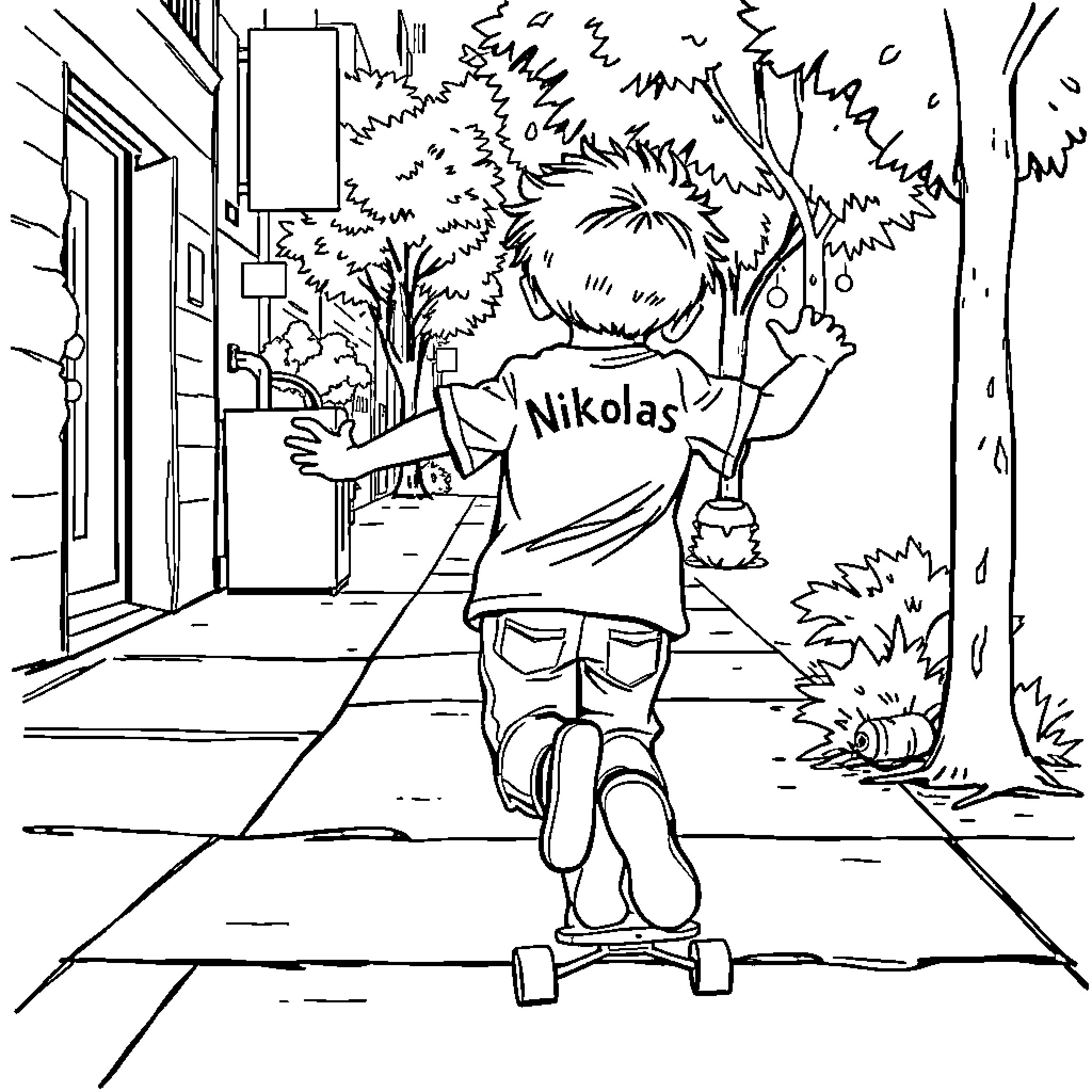 Child riding a skateboard down the street Coloring Page (free black-and-white line drawing printable PDF for all, from beginners to advanced learners, including children, teens, adults, and seniors)