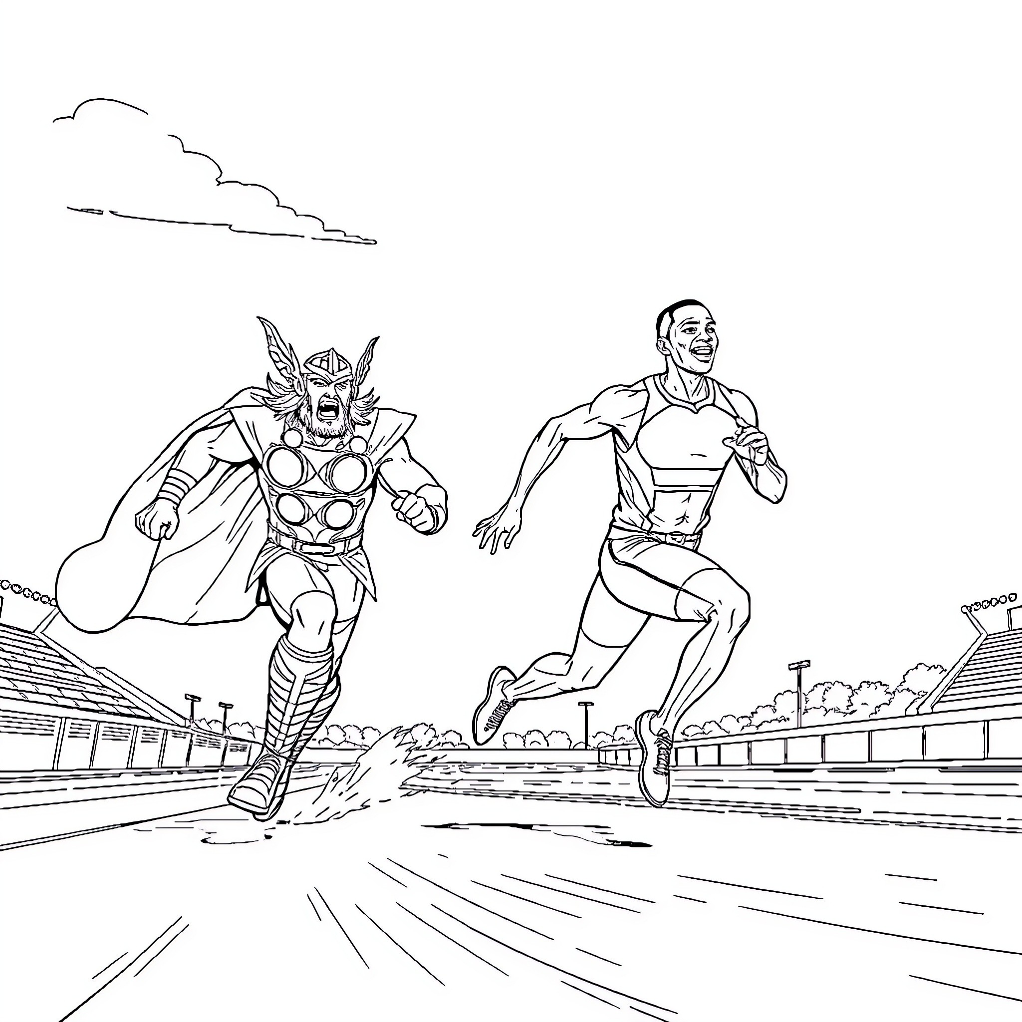 Thor and Superhero Duo in Action on the Road Coloring Page (free black-and-white line drawing printable PDF for all, from beginners to advanced learners, including children, teens, adults, and seniors)