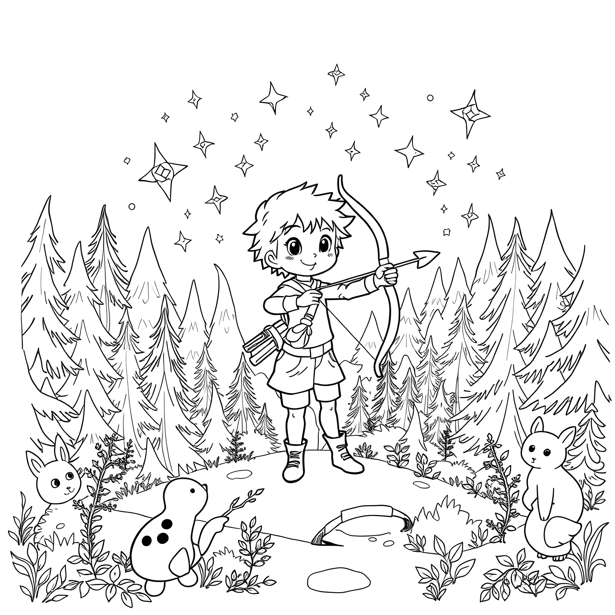 Bow and Arrow in the Enchanted Forest Coloring Page (free black-and-white line drawing printable PDF for all, from beginners to advanced learners, including children, teens, adults, and seniors)