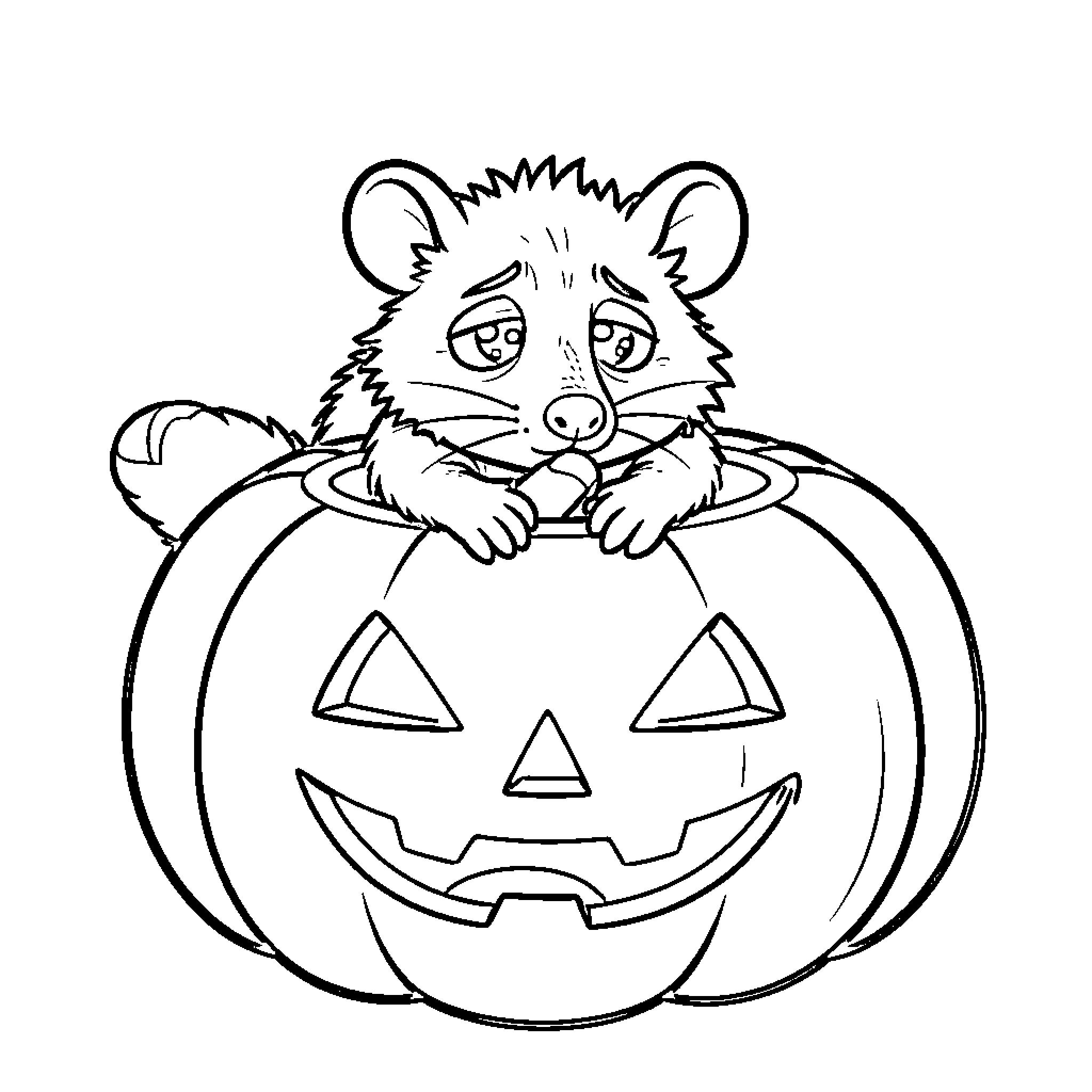 Opossum looking sad while sitting in a pumpkin Coloring Page (free black-and-white line drawing printable PDF for all, from beginners to advanced learners, including children, teens, adults, and seniors)