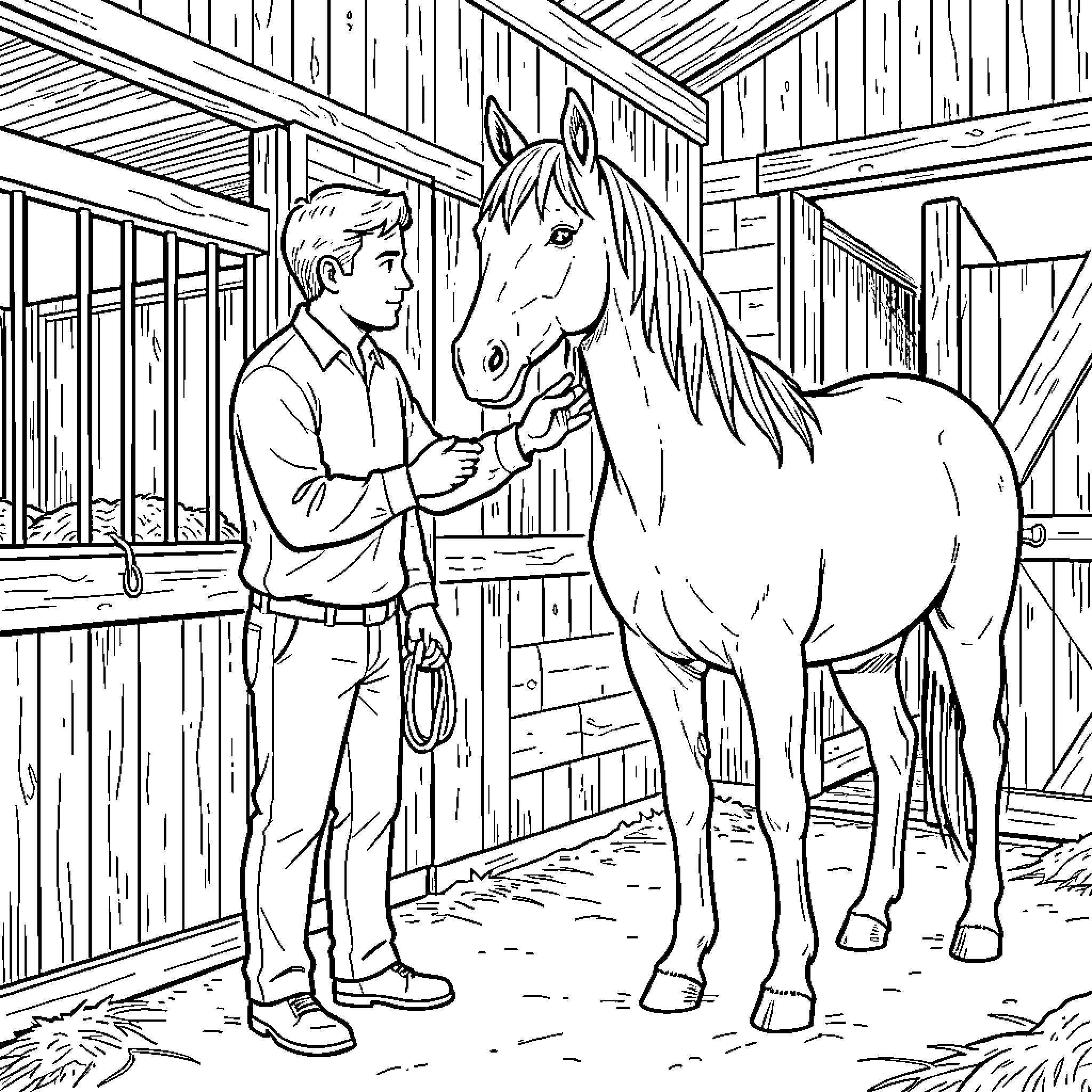 Horse being gently patted by a young man Coloring Page (free black-and-white line drawing printable PDF for all, from beginners to advanced learners, including children, teens, adults, and seniors)