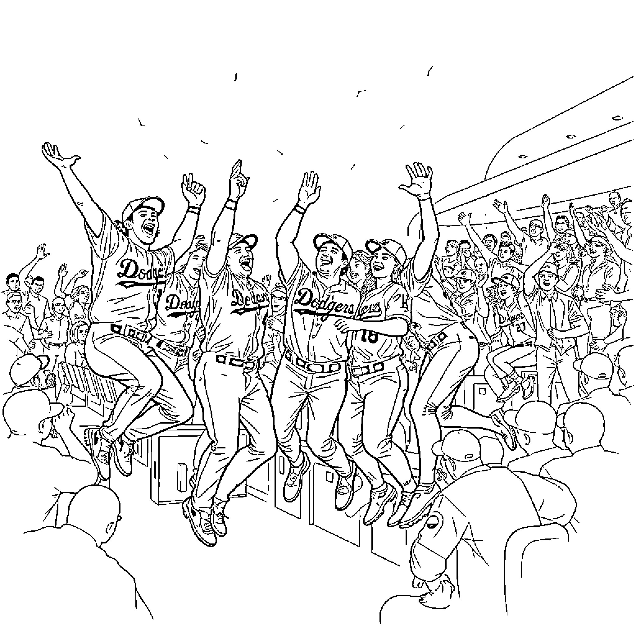Dodgers players celebrating victory on the field Coloring Page (free black-and-white line drawing printable PDF for all, from beginners to advanced learners, including children, teens, adults, and seniors)