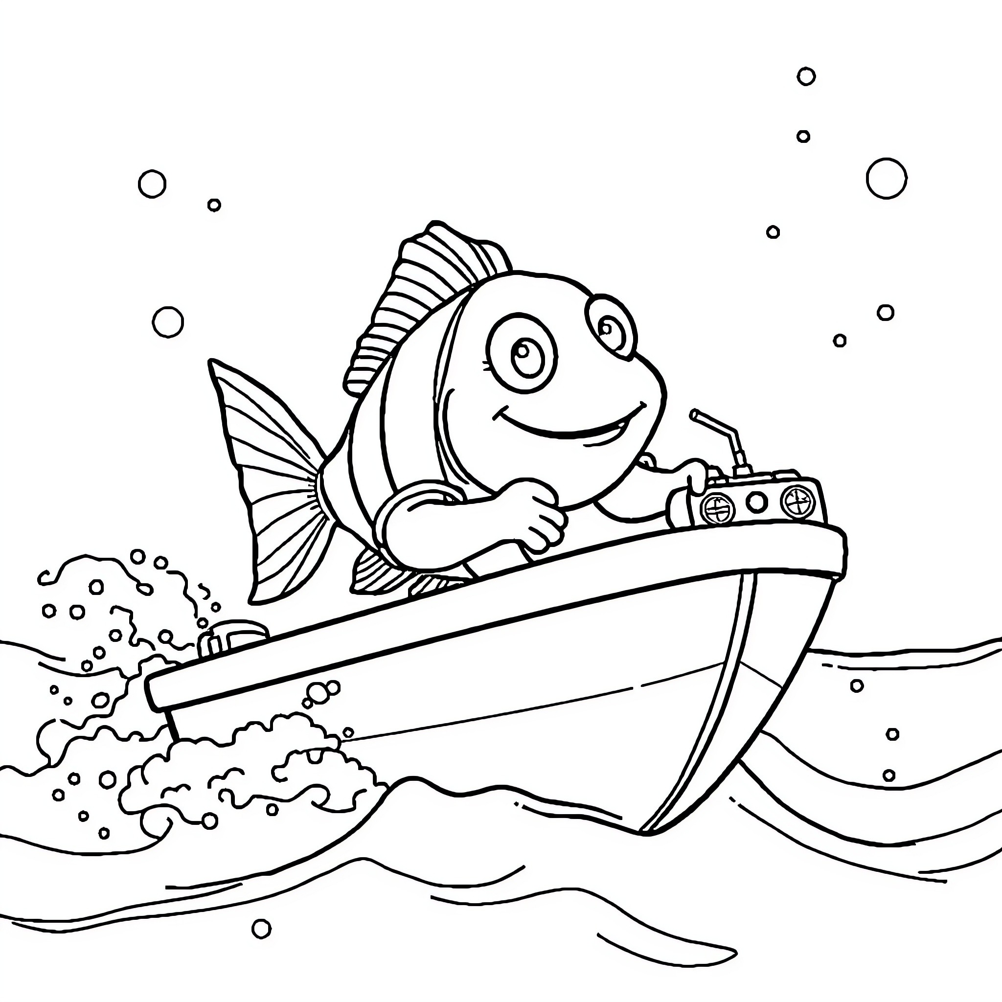Fish driving a boat in the ocean Coloring Page (free black-and-white line drawing printable PDF for all, from beginners to advanced learners, including children, teens, adults, and seniors)