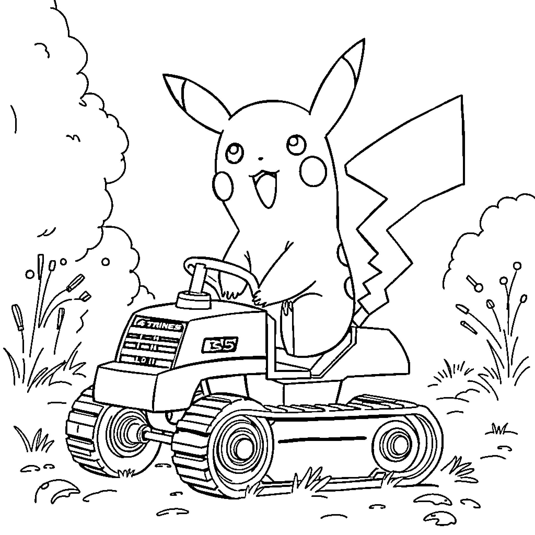 Pikachu riding a powerful machine in the outdoors Coloring Page (free black-and-white line drawing printable PDF for all, from beginners to advanced learners, including children, teens, adults, and seniors)