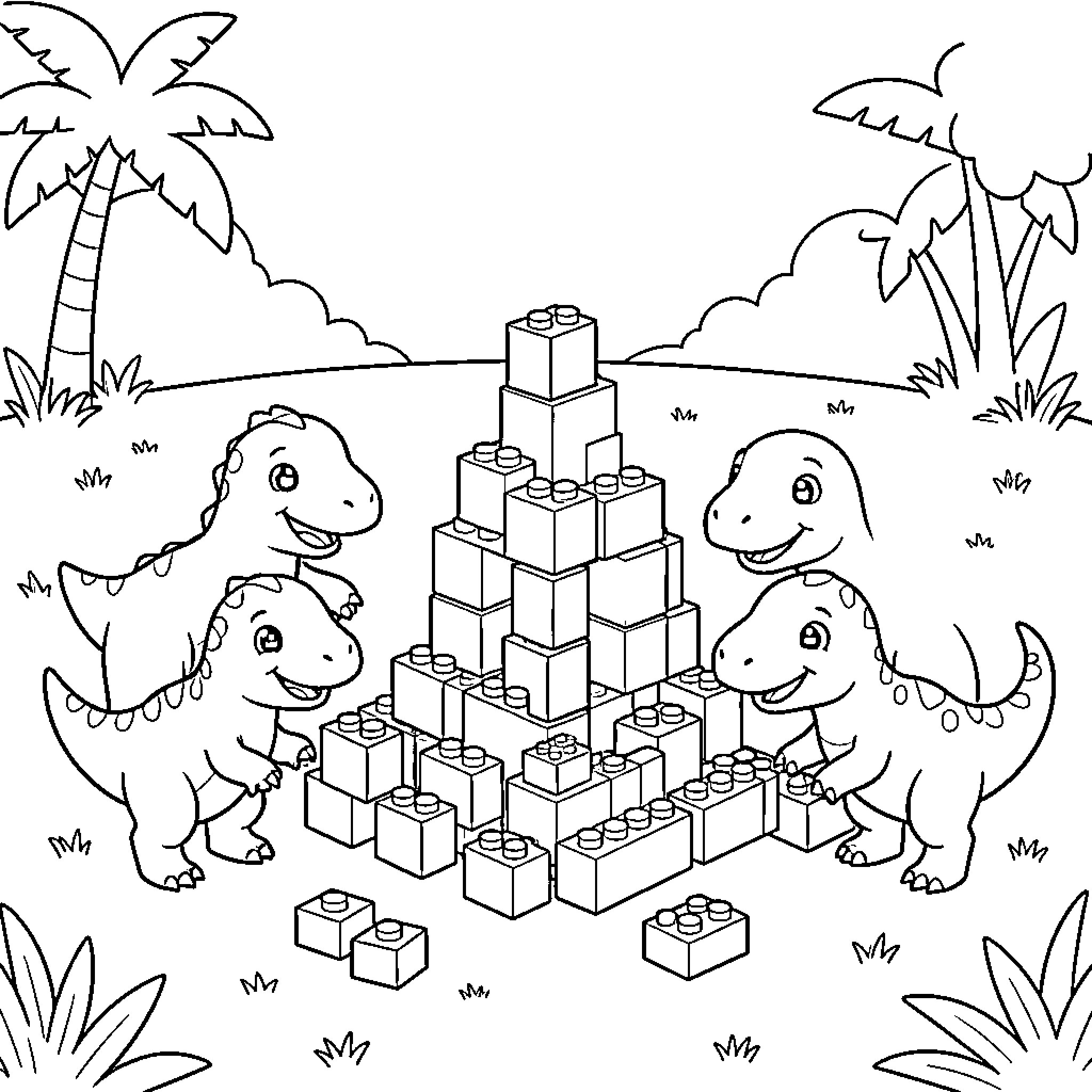 Dinosaur characters building a large tower of blocks Coloring Page (free black-and-white line drawing printable PDF for all, from beginners to advanced learners, including children, teens, adults, and seniors)