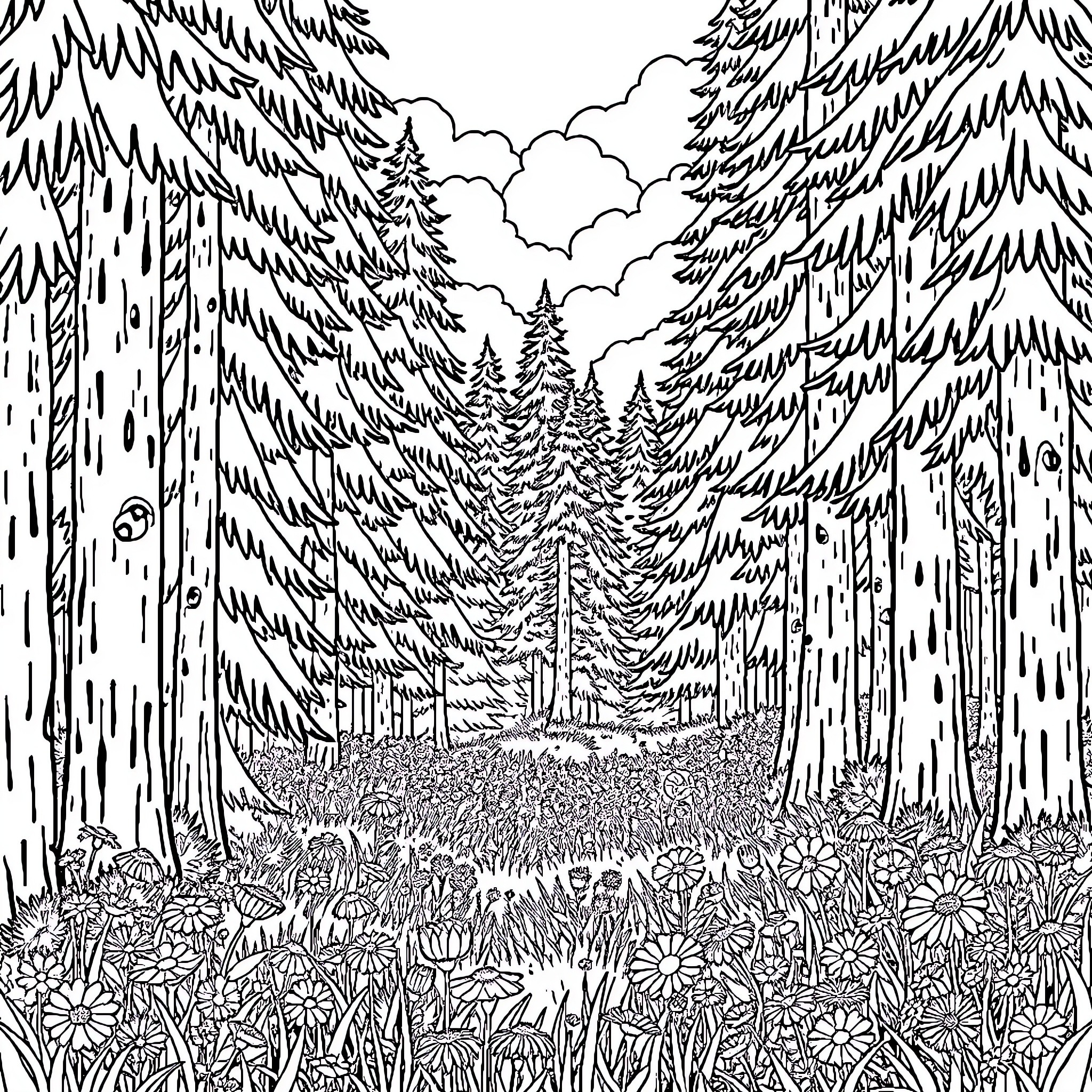 Forest scene with trees and flowers Coloring Page (free black-and-white line drawing printable PDF for all, from beginners to advanced learners, including children, teens, adults, and seniors)