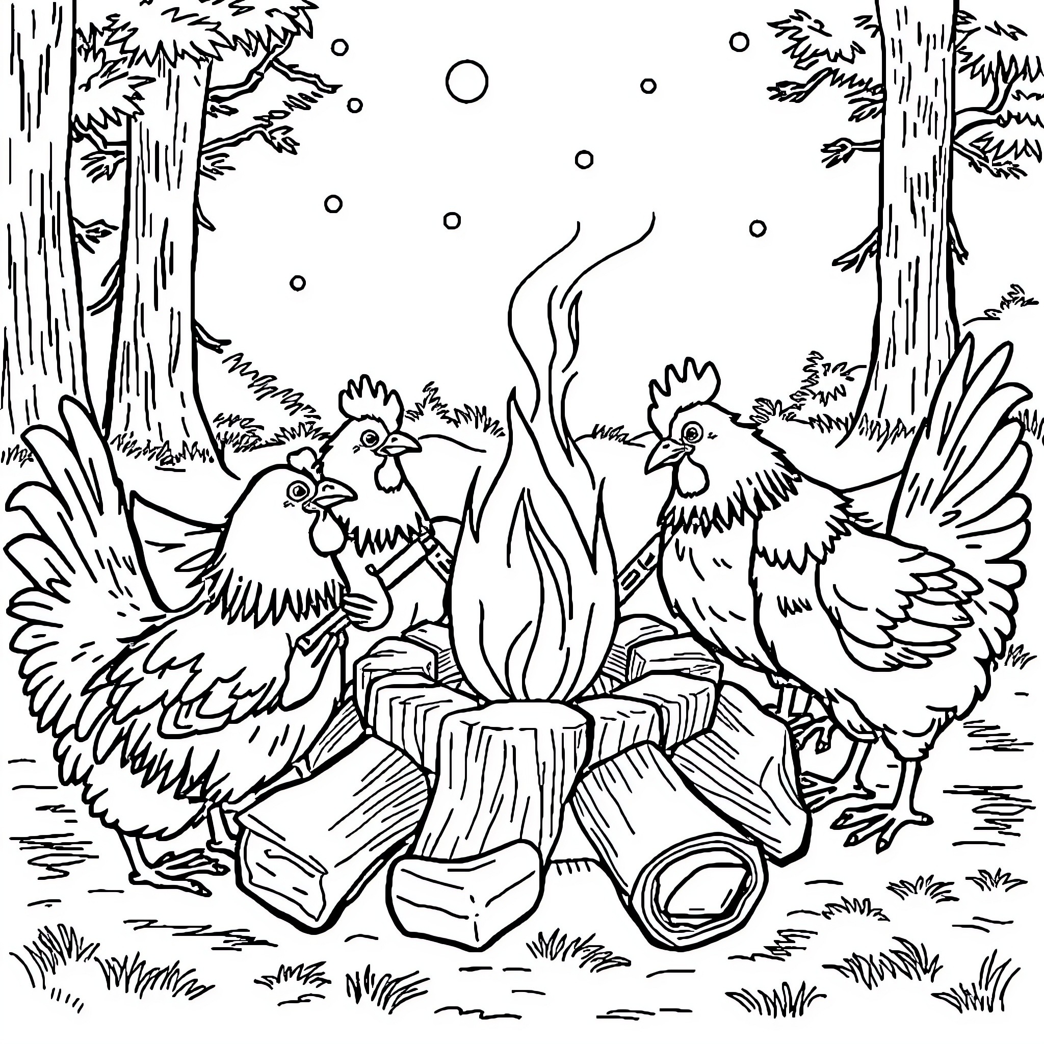 Chicken Gathering Around Campfire in Forest Coloring Page (free black-and-white line drawing printable PDF for all, from beginners to advanced learners, including children, teens, adults, and seniors)