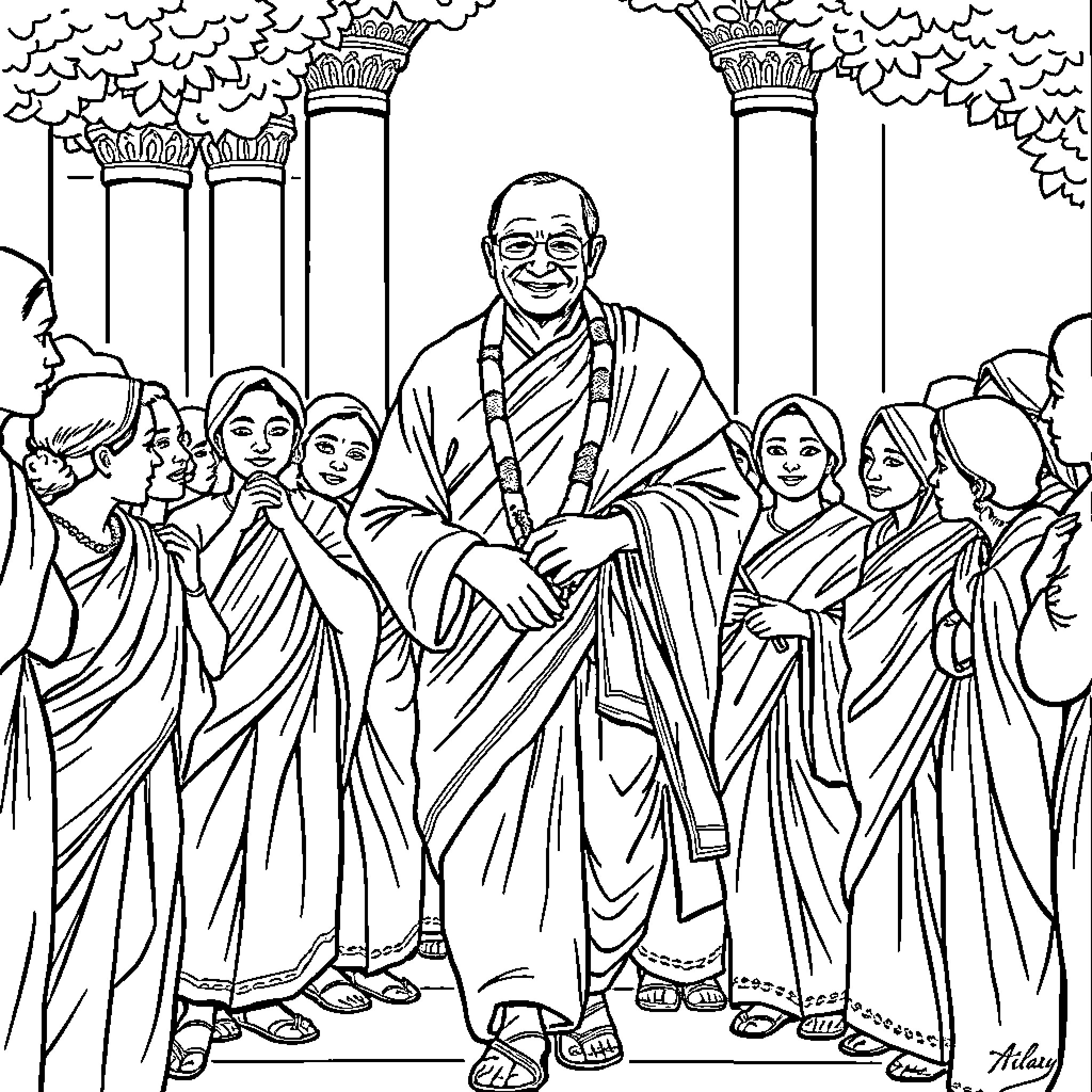Srila Prabhupada with his followers in a spiritual gathering Coloring Page (free black-and-white line drawing printable PDF for all, from beginners to advanced learners, including children, teens, adults, and seniors)