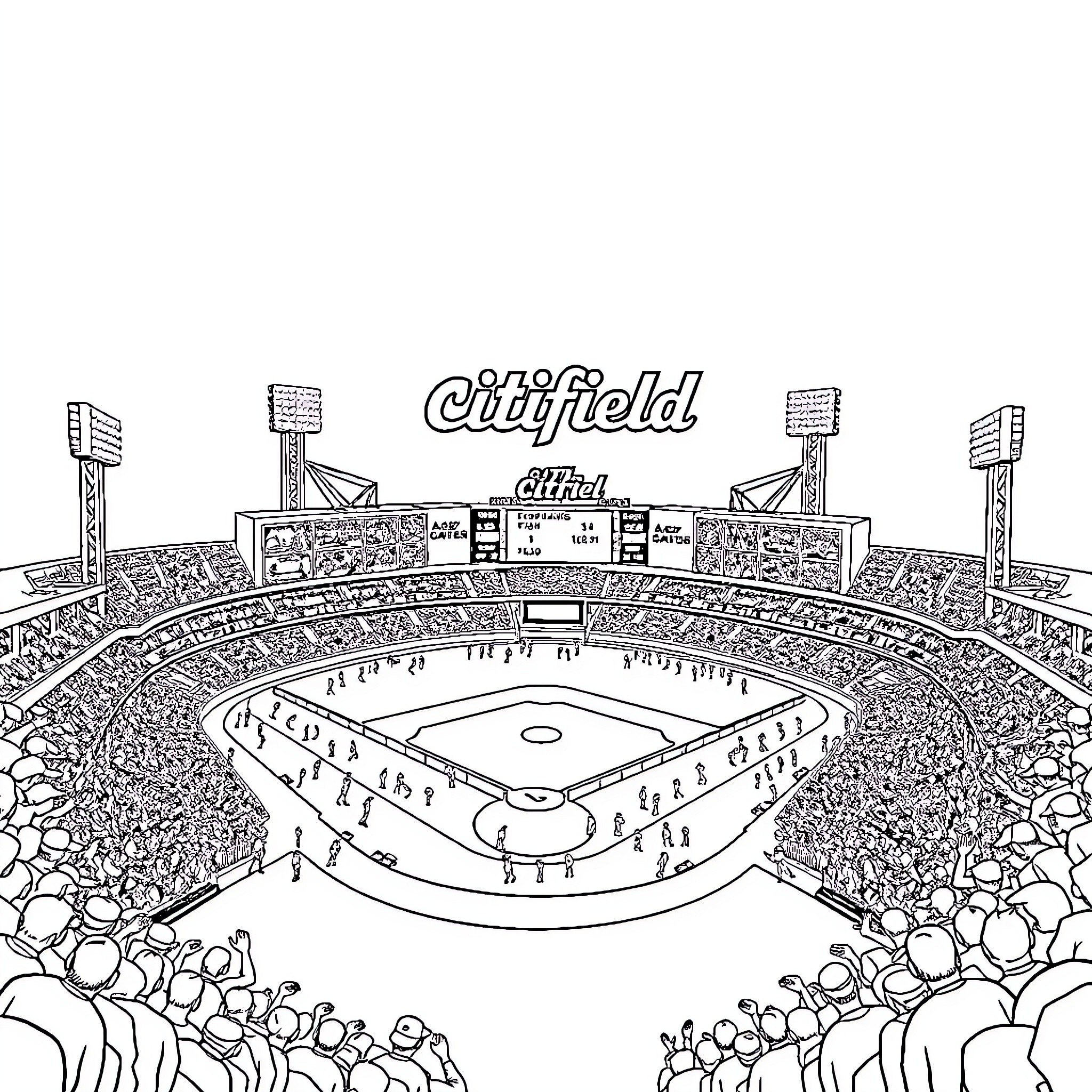 Citifield: Bustling Baseball Stadium Scene Coloring Page (free black-and-white line drawing printable PDF for all, from beginners to advanced learners, including children, teens, adults, and seniors)
