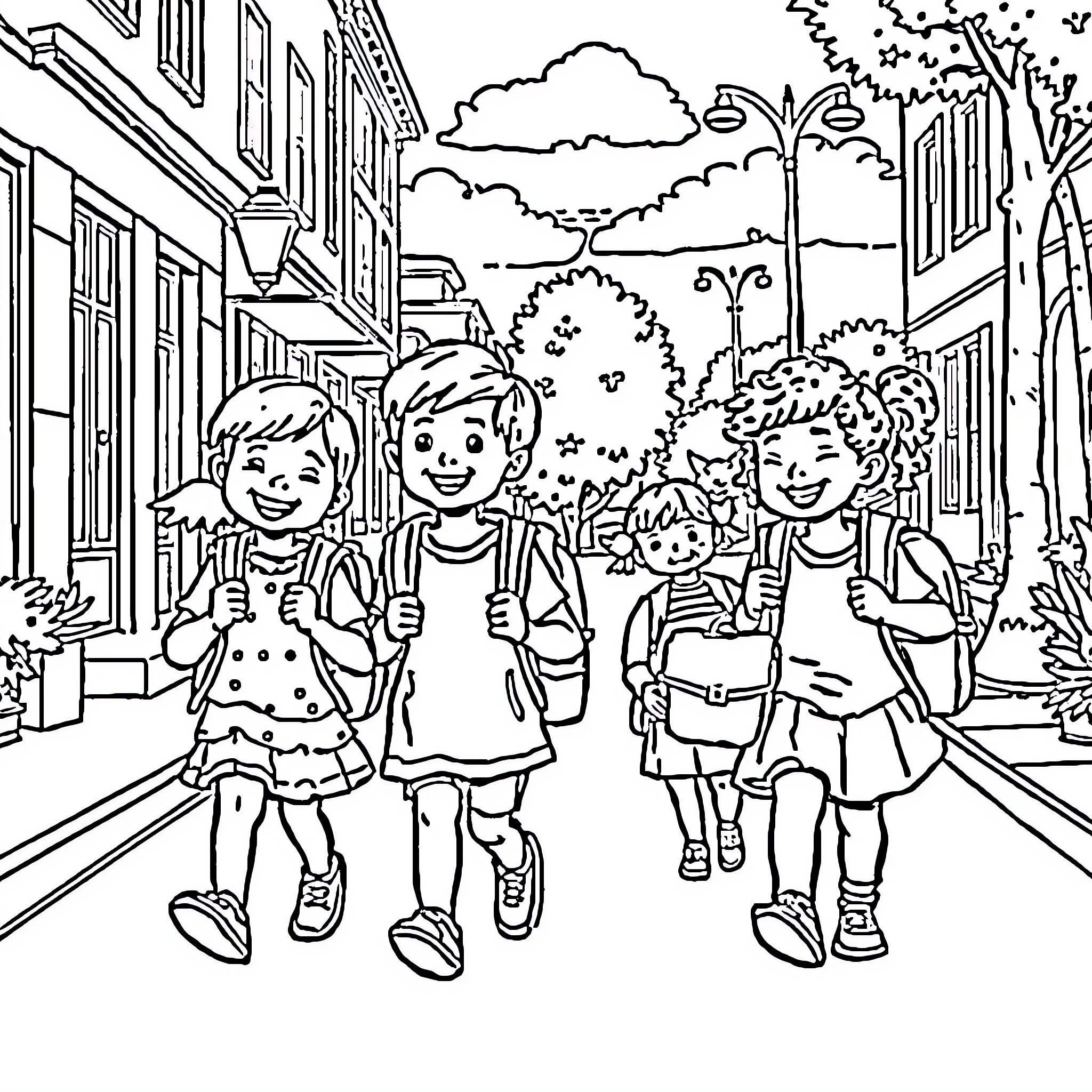 Kids Exploring the Neighborhood Together Coloring Page (free black-and-white line drawing printable PDF for all, from beginners to advanced learners, including children, teens, adults, and seniors)