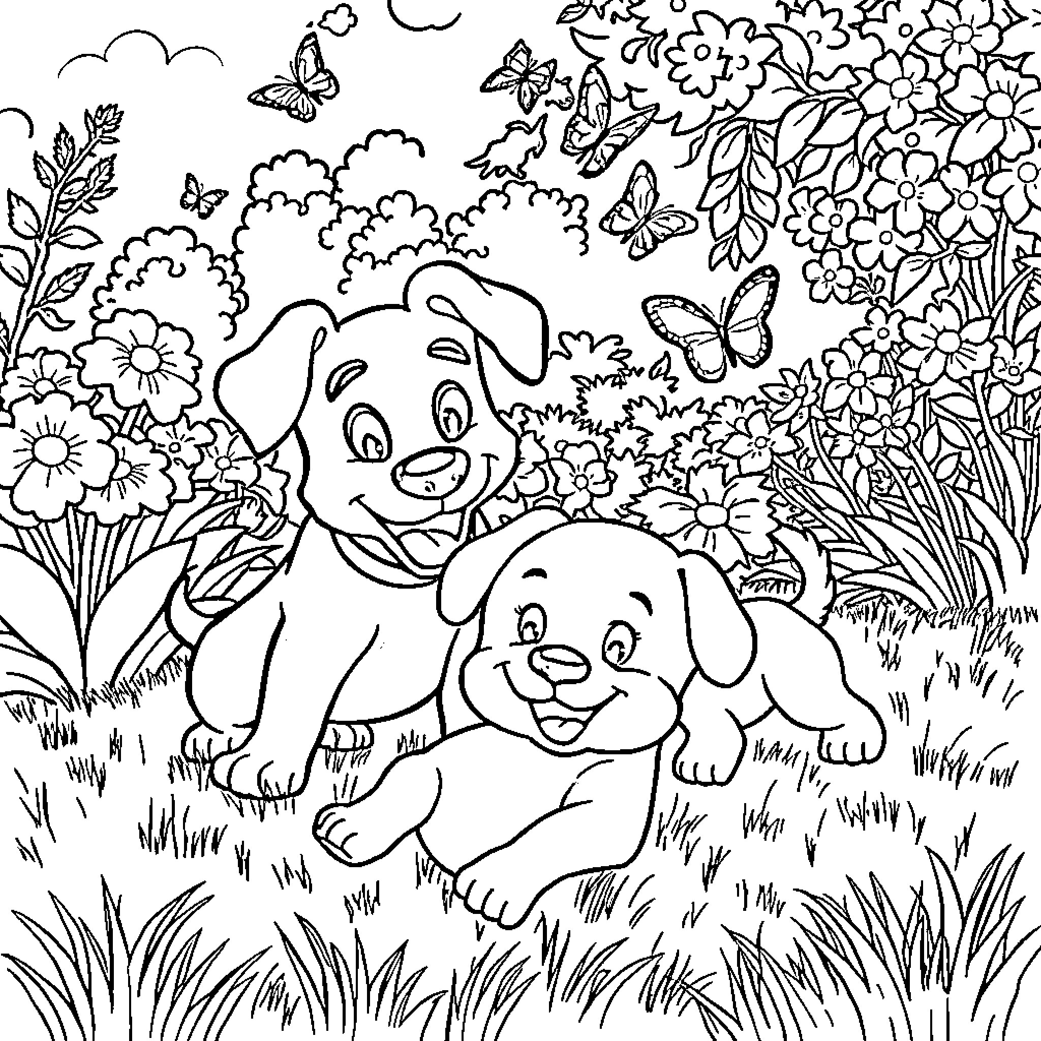 Bingo: Puppies playing in floral garden Coloring Page (free black-and-white line drawing printable PDF for all, from beginners to advanced learners, including children, teens, adults, and seniors)