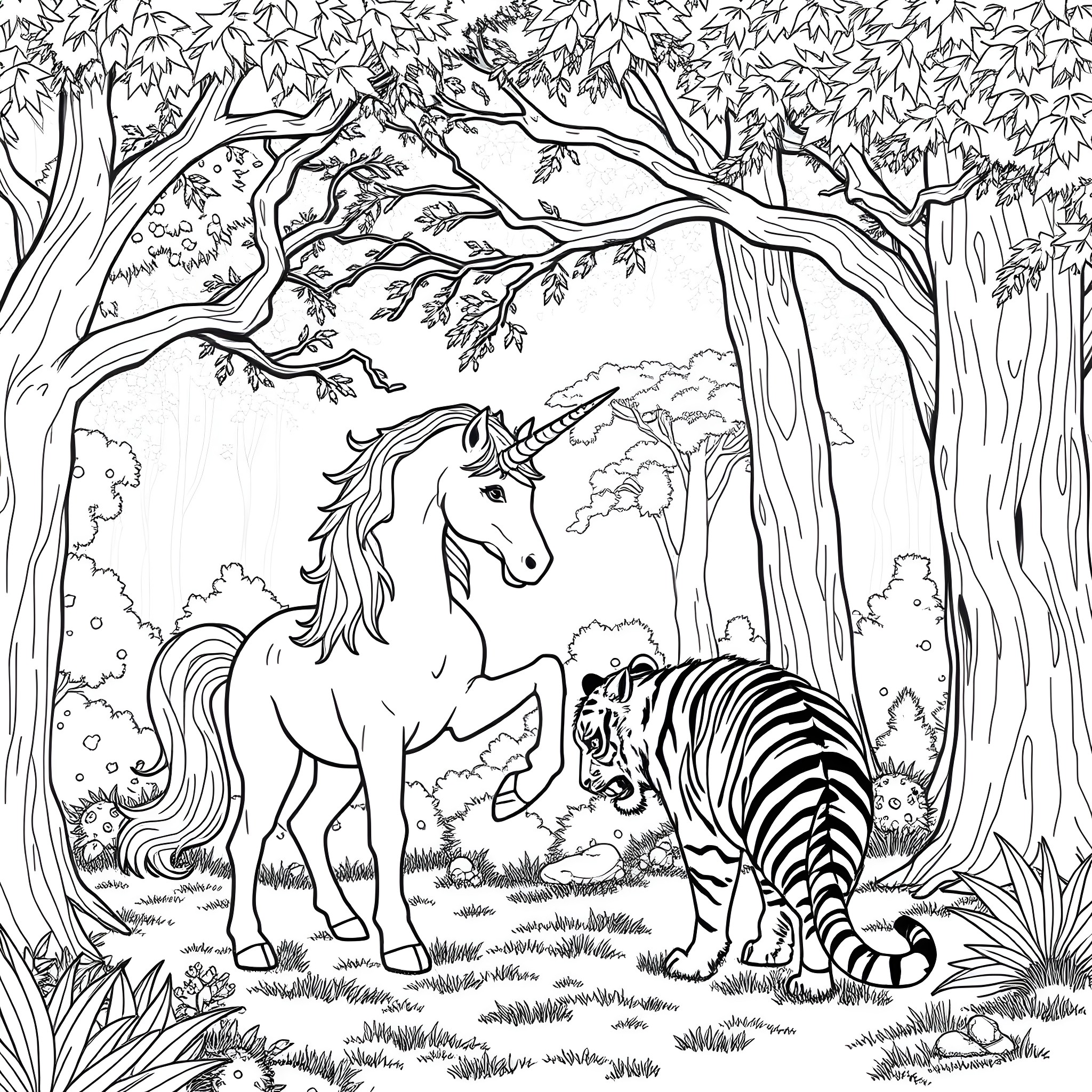 Unicorn wandering through enchanted forest with tiger Coloring Page (free black-and-white line drawing printable PDF for all, from beginners to advanced learners, including children, teens, adults, and seniors)