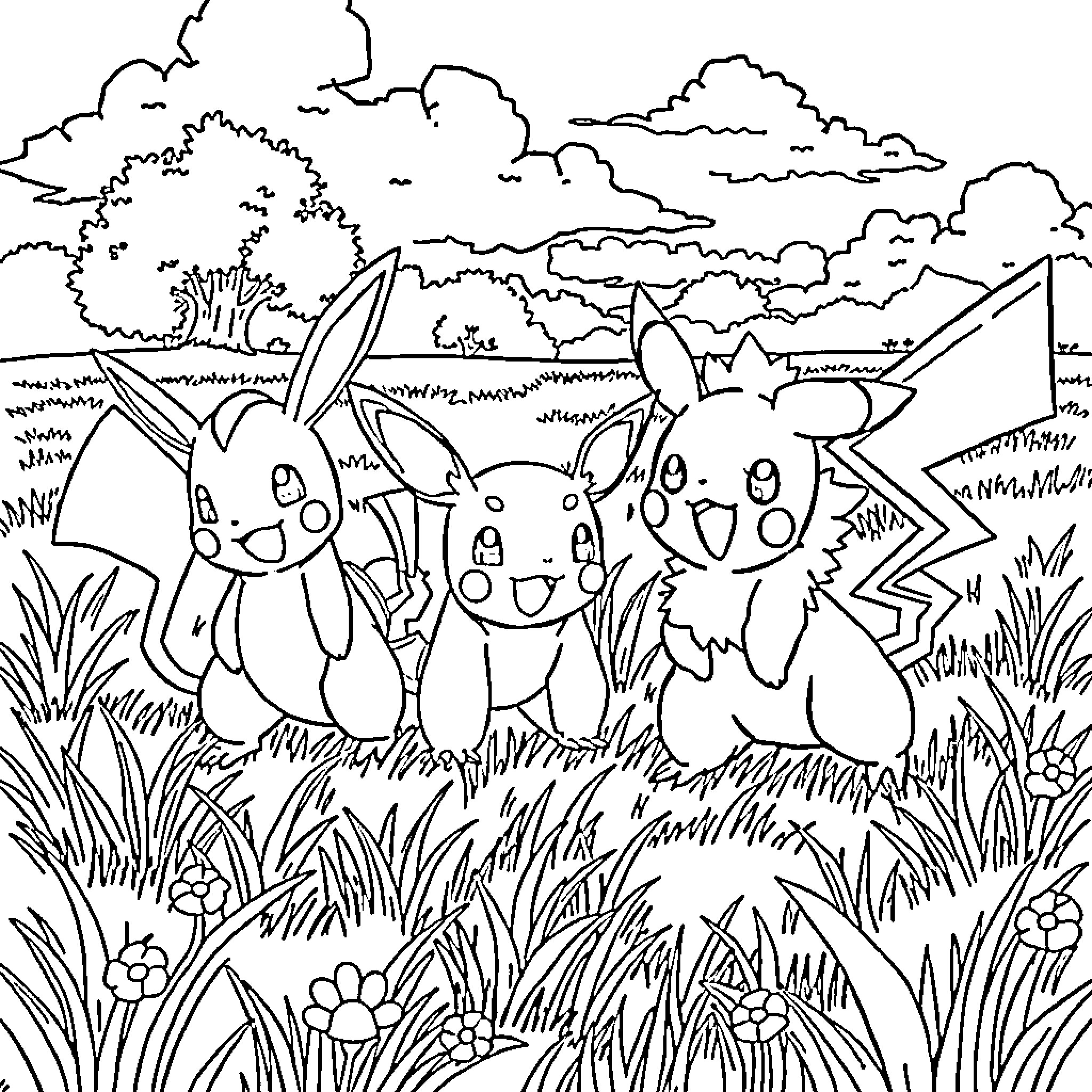 Pokémon enjoying a peaceful day in the grassy field Coloring Page (free black-and-white line drawing printable PDF for all, from beginners to advanced learners, including children, teens, adults, and seniors)