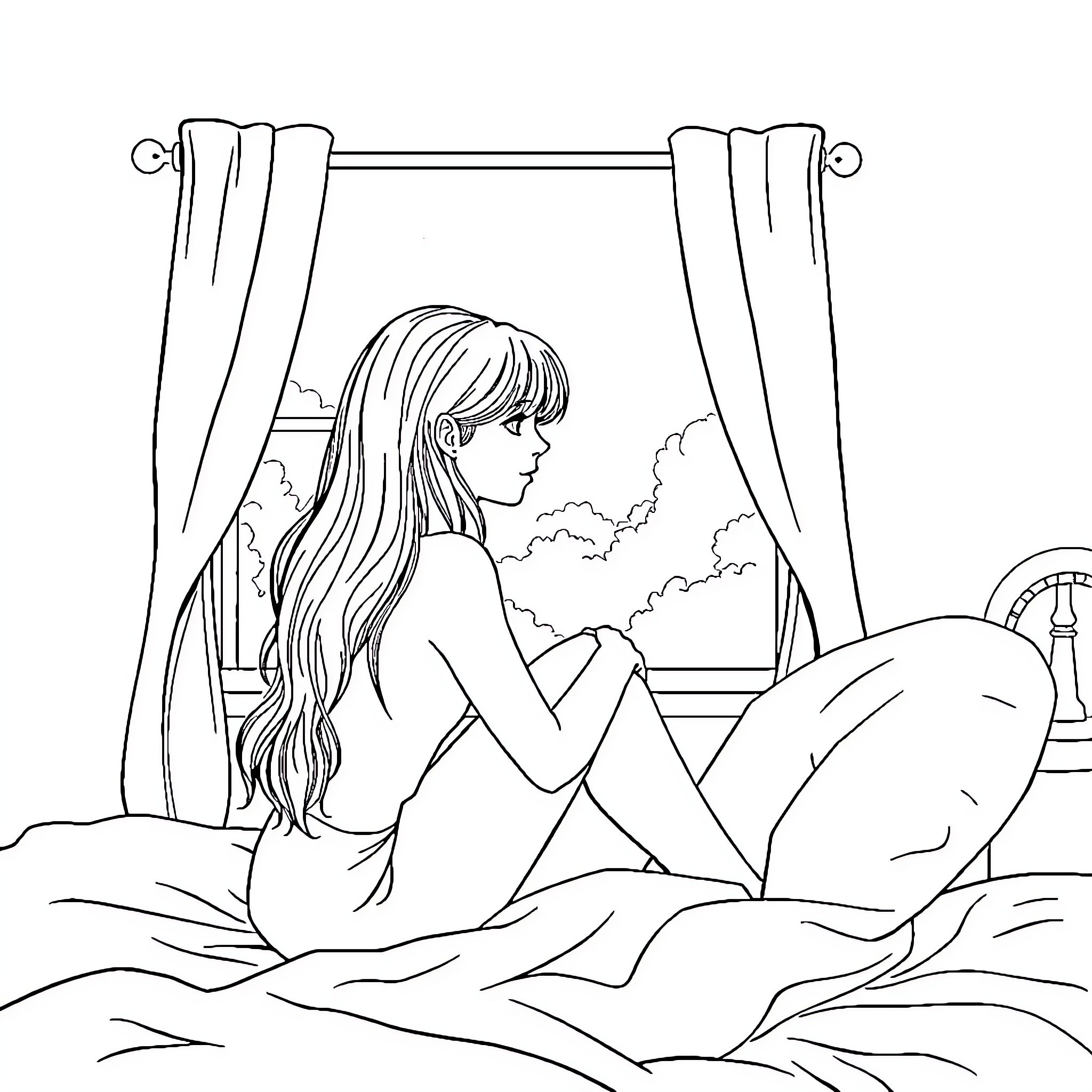 Girl relaxing by the window Coloring Page (free black-and-white line drawing printable PDF for all, from beginners to advanced learners, including children, teens, adults, and seniors)