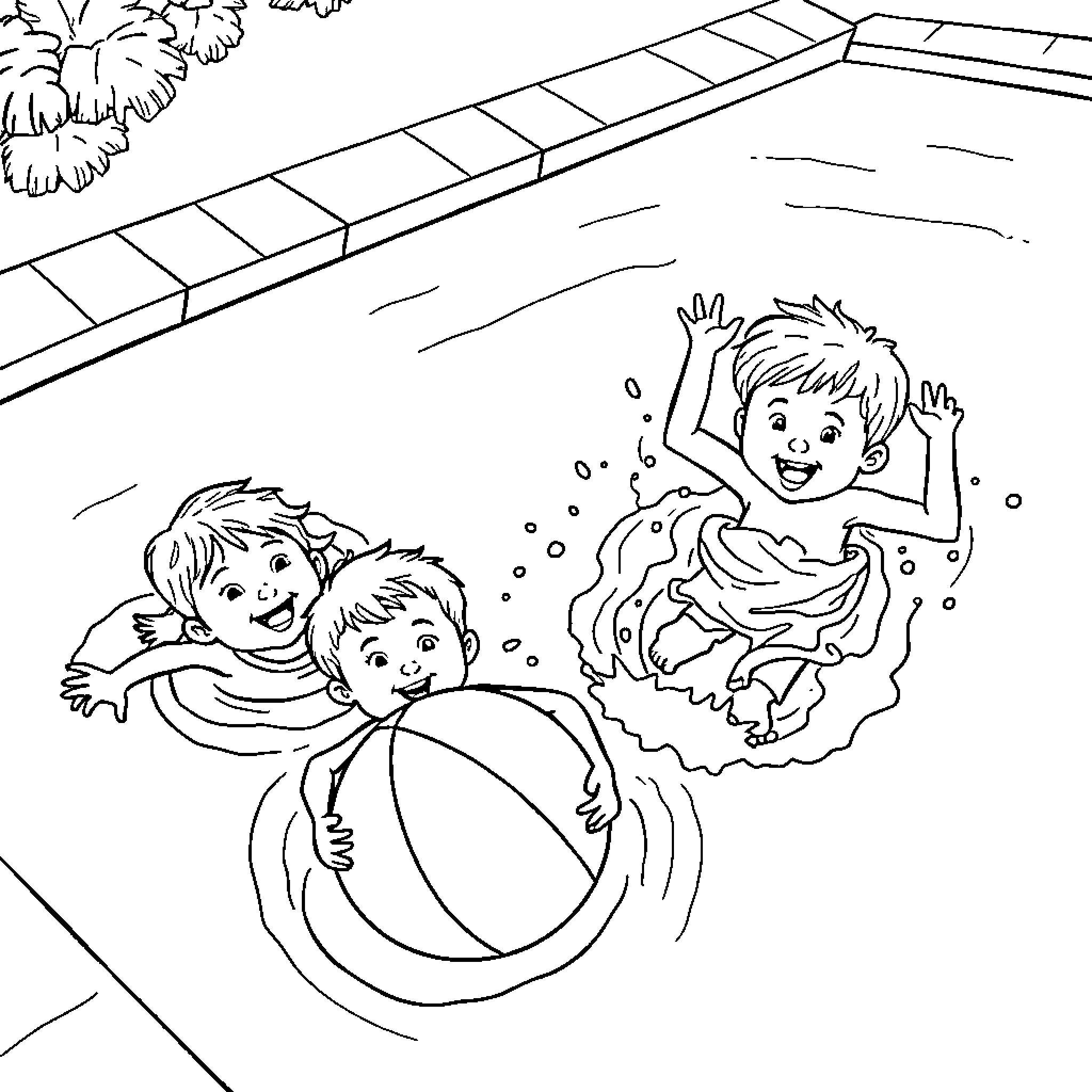 Children playing joyfully in the swimming pool Coloring Page (free black-and-white line drawing printable PDF for all, from beginners to advanced learners, including children, teens, adults, and seniors)