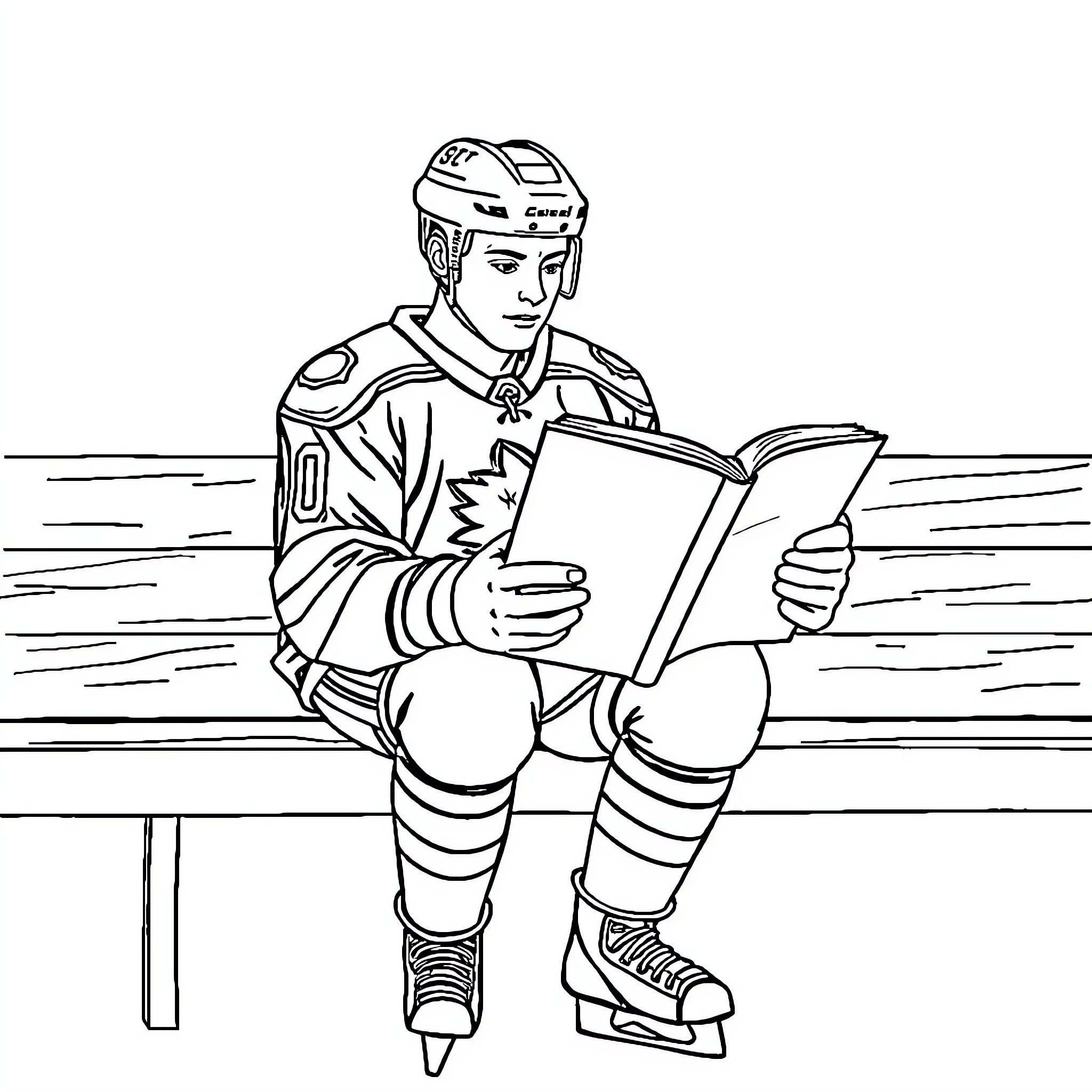 Ice Hockey Player Reading on Bench Coloring Page (free black-and-white line drawing printable PDF for all, from beginners to advanced learners, including children, teens, adults, and seniors)