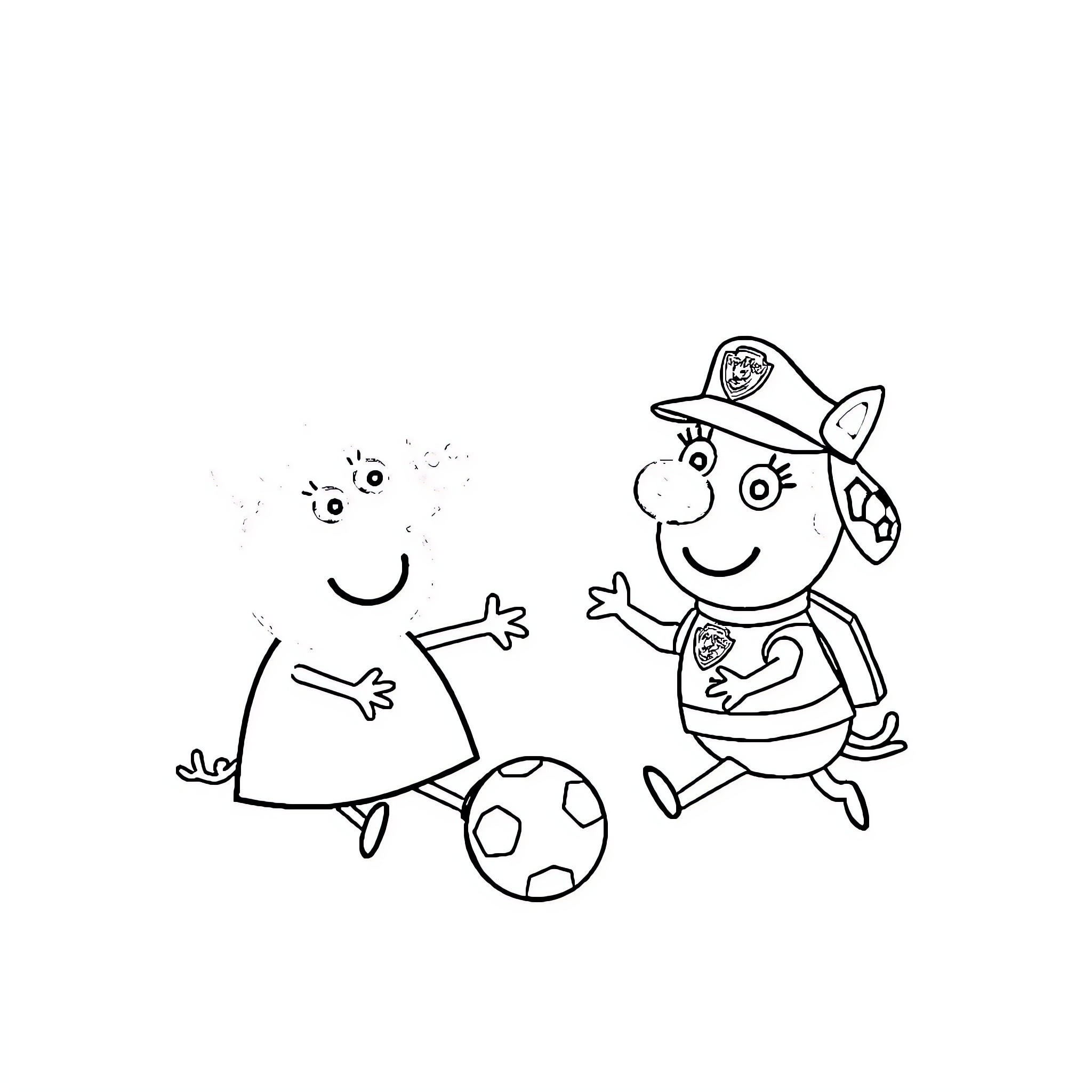 Peppa Pig and George playing soccer Coloring Page (free black-and-white line drawing printable PDF for all, from beginners to advanced learners, including children, teens, adults, and seniors)