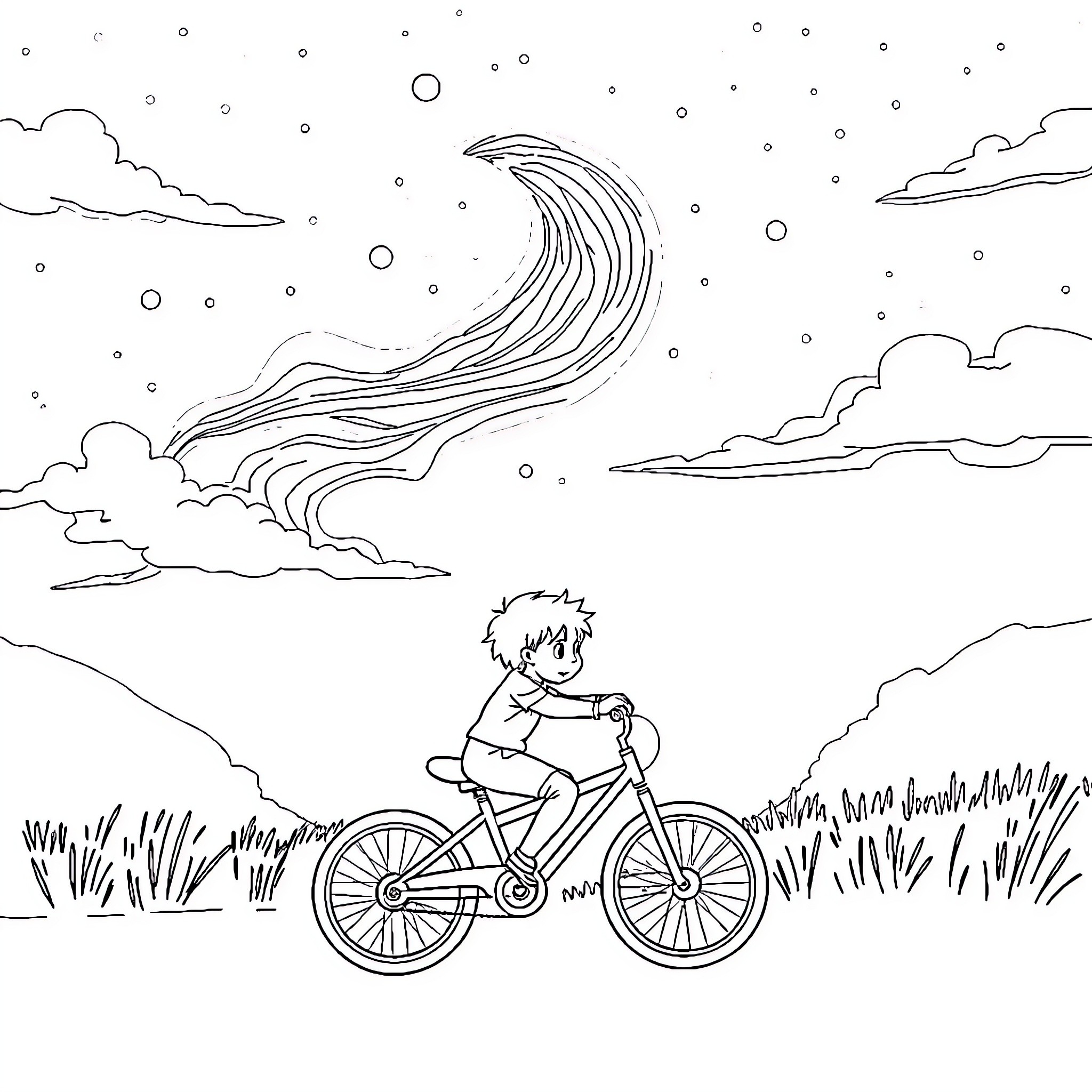 Child riding bicycle through starry night landscape Coloring Page (free black-and-white line drawing printable PDF for all, from beginners to advanced learners, including children, teens, adults, and seniors)