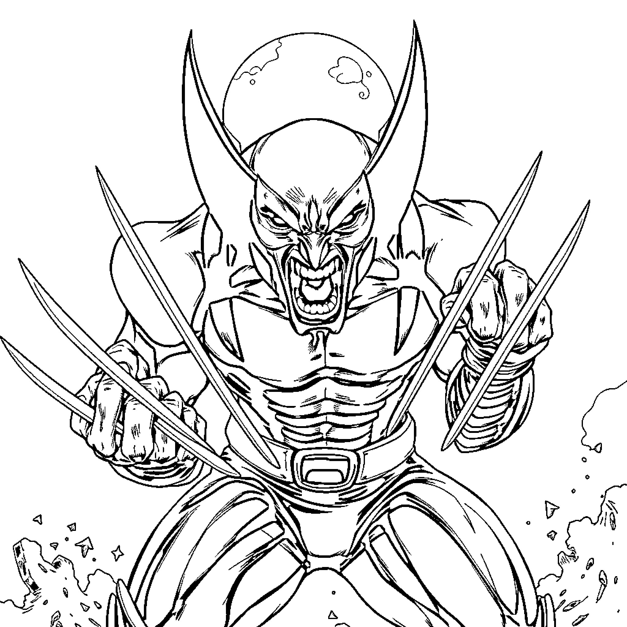 Wolverine unleashing his claws in a fierce battle Coloring Page (free black-and-white line drawing printable PDF for all, from beginners to advanced learners, including children, teens, adults, and seniors)