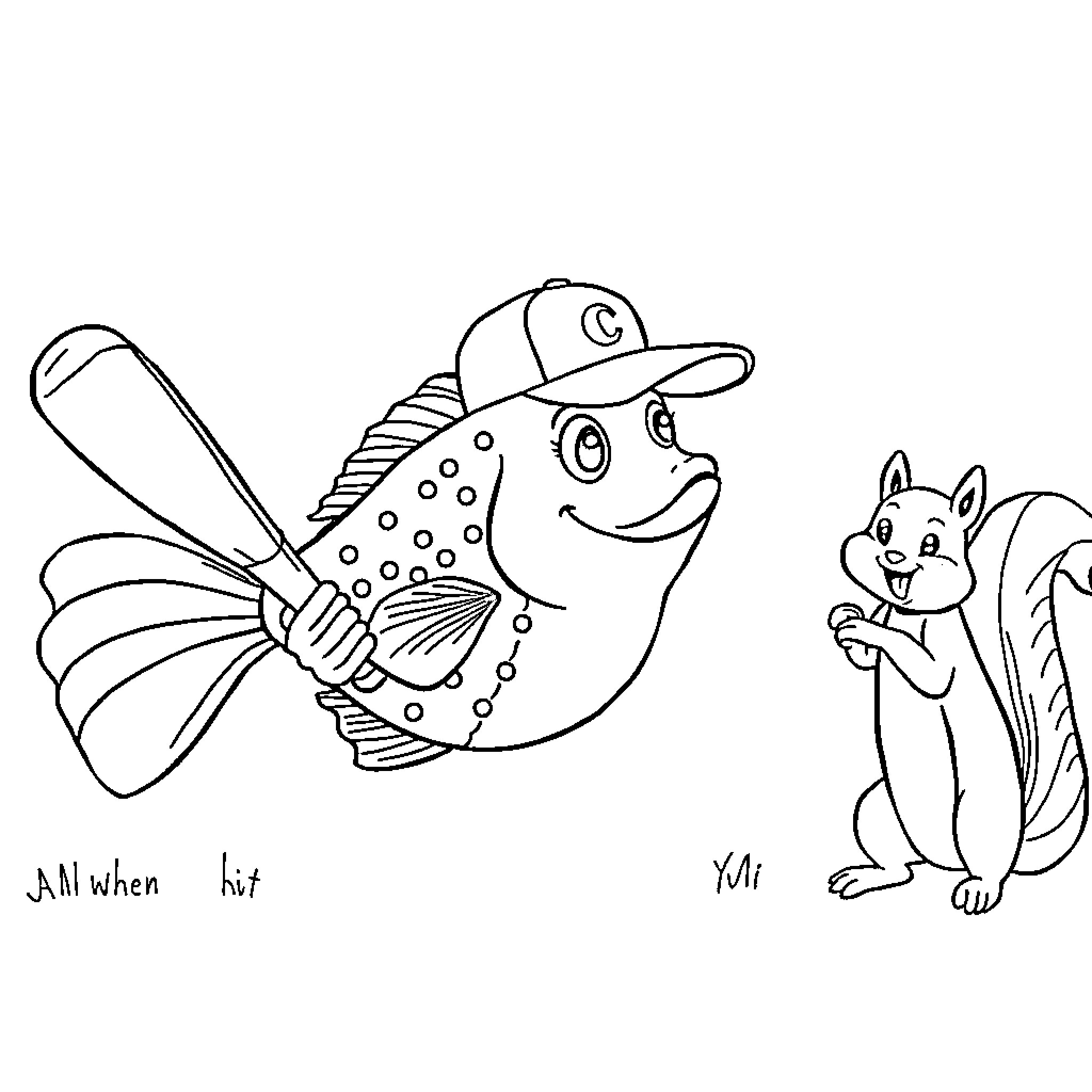 Fish wearing a hat interacting with a squirrel Coloring Page (free black-and-white line drawing printable PDF for all, from beginners to advanced learners, including children, teens, adults, and seniors)